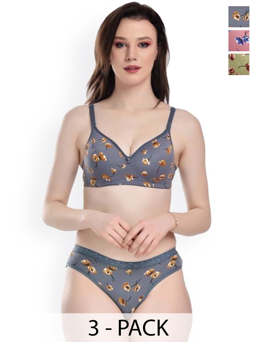 

AROUSY Pack Of 3 Printed Cotton Lingerie Set, Pink
