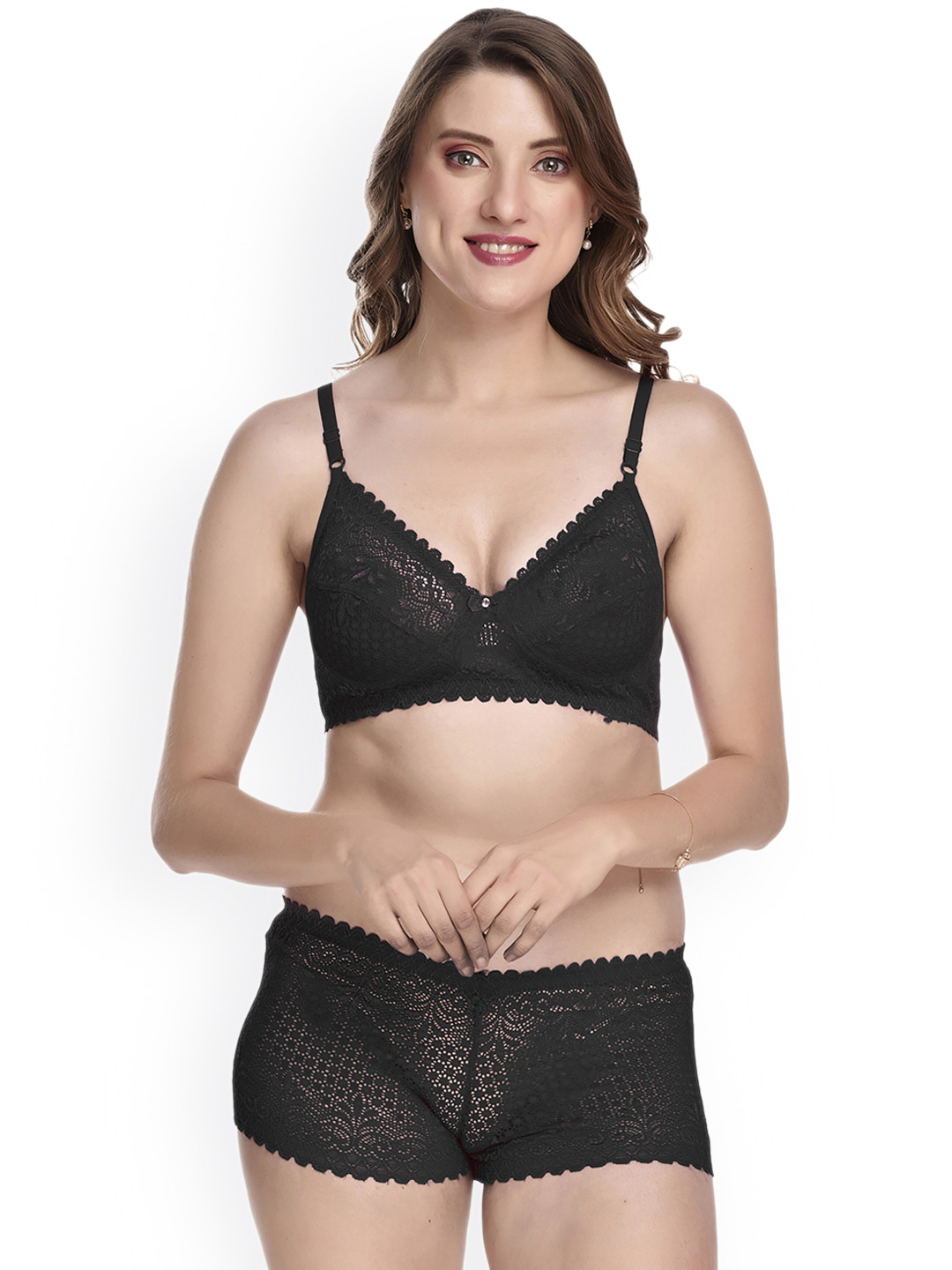 

AROUSY Self Design Cotton Lingerie Set, Black