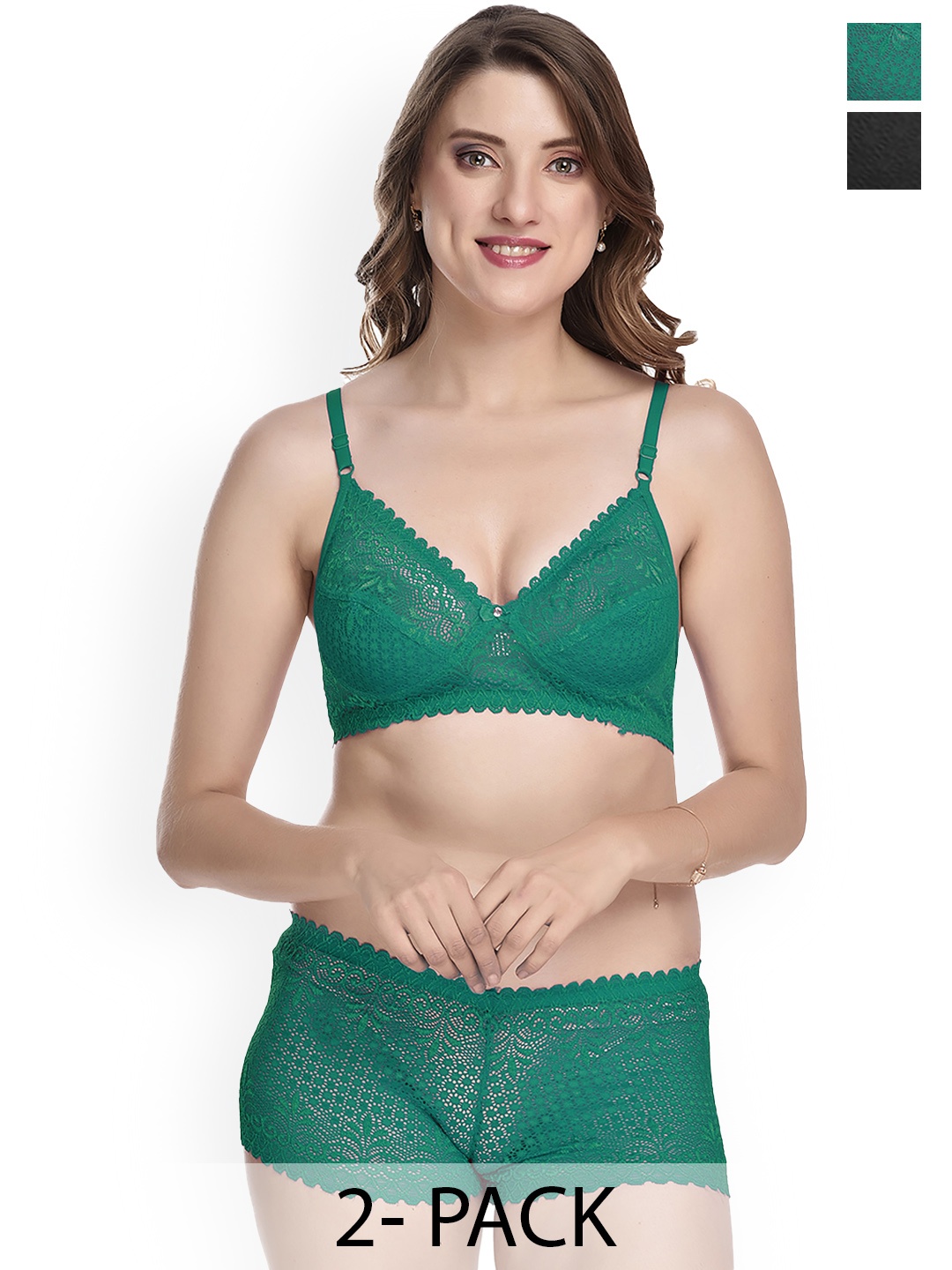 

AROUSY Pack Of 2 Self Design Cotton Lingerie Set- AR_Net Set1, Green