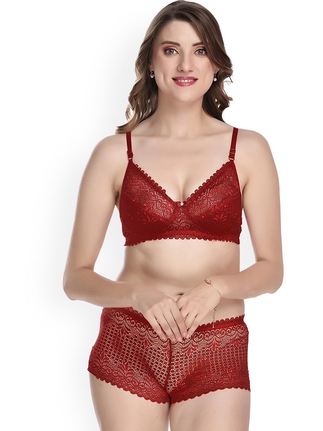 

AROUSY Self-Design Mid-Rise Cotton Bra Panty Lingerie Set, Maroon