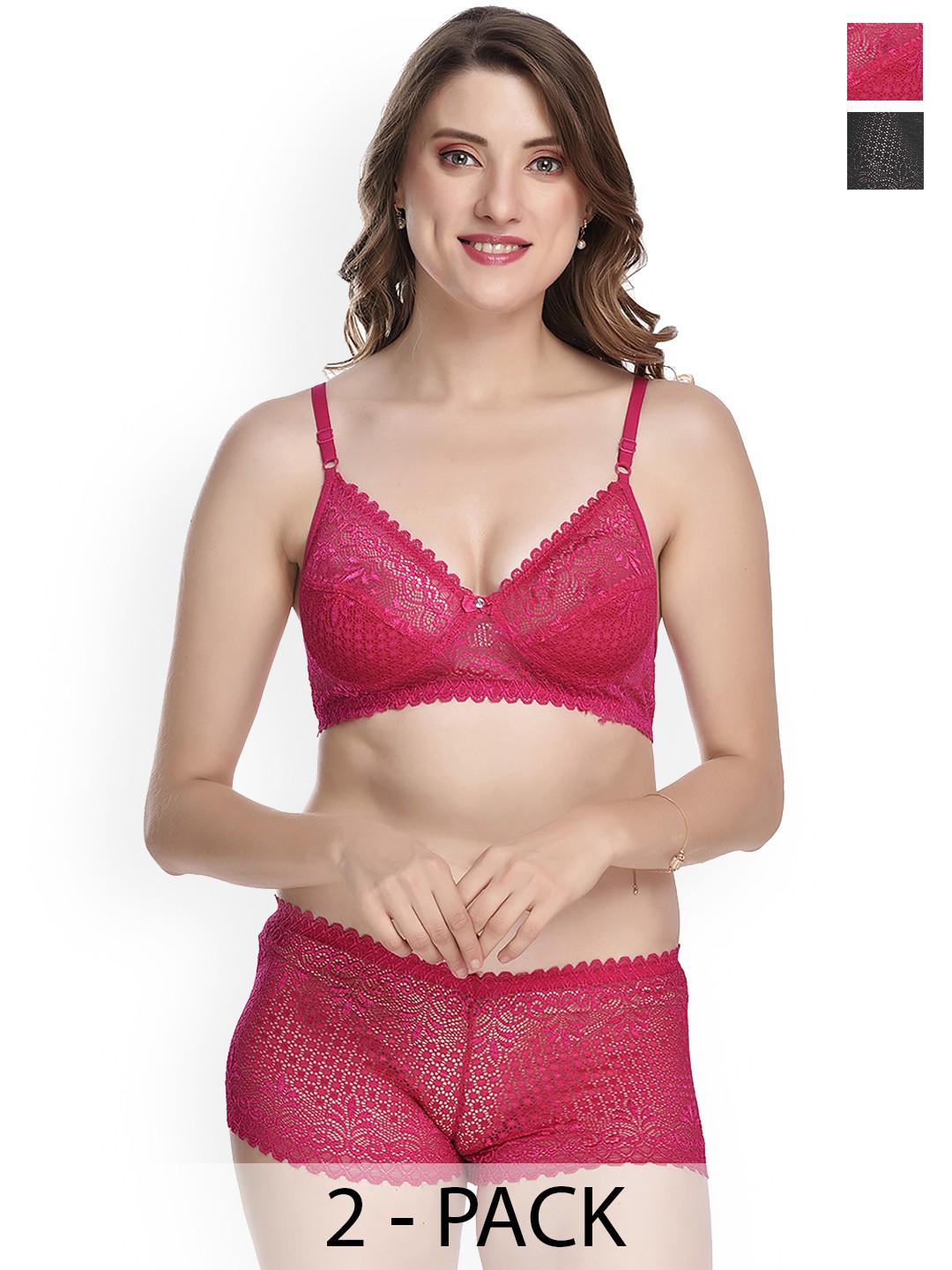 

AROUSY Pack Of 2 Self-Designed Cotton Lingerie Set, Black