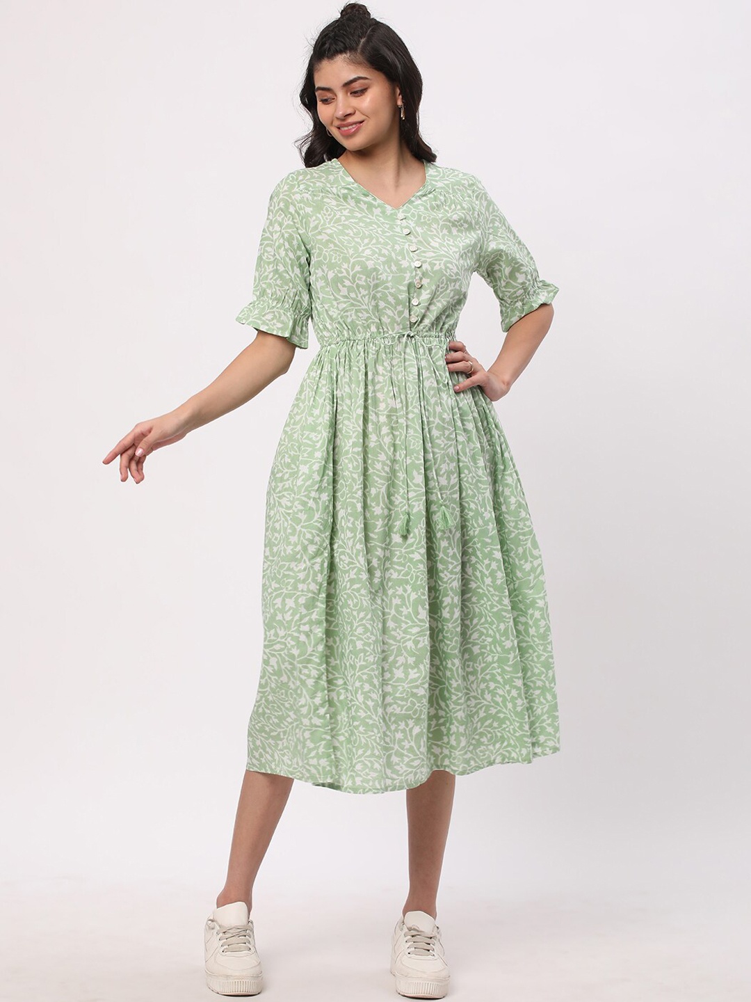 

R&B Floral Printed V-Neck Puff Sleeve Cotton Fit & Flare Midi Dress, Green