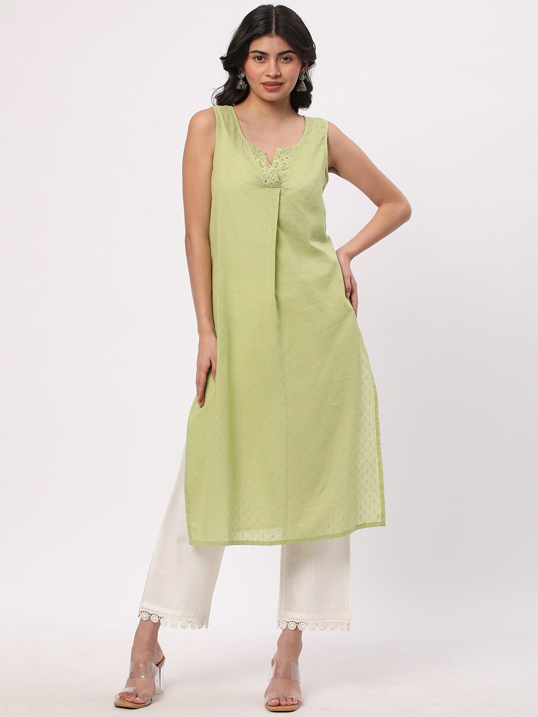 

R&B Ethnic Motifs Printed Mirror Work Pure Cotton Straight Kurta, Green
