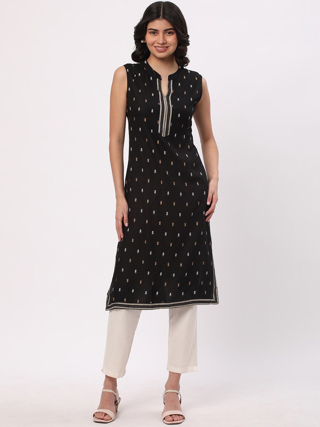 

R&B Ethnic Motifs Printed Mandarin Collar Straight Kurta, Black