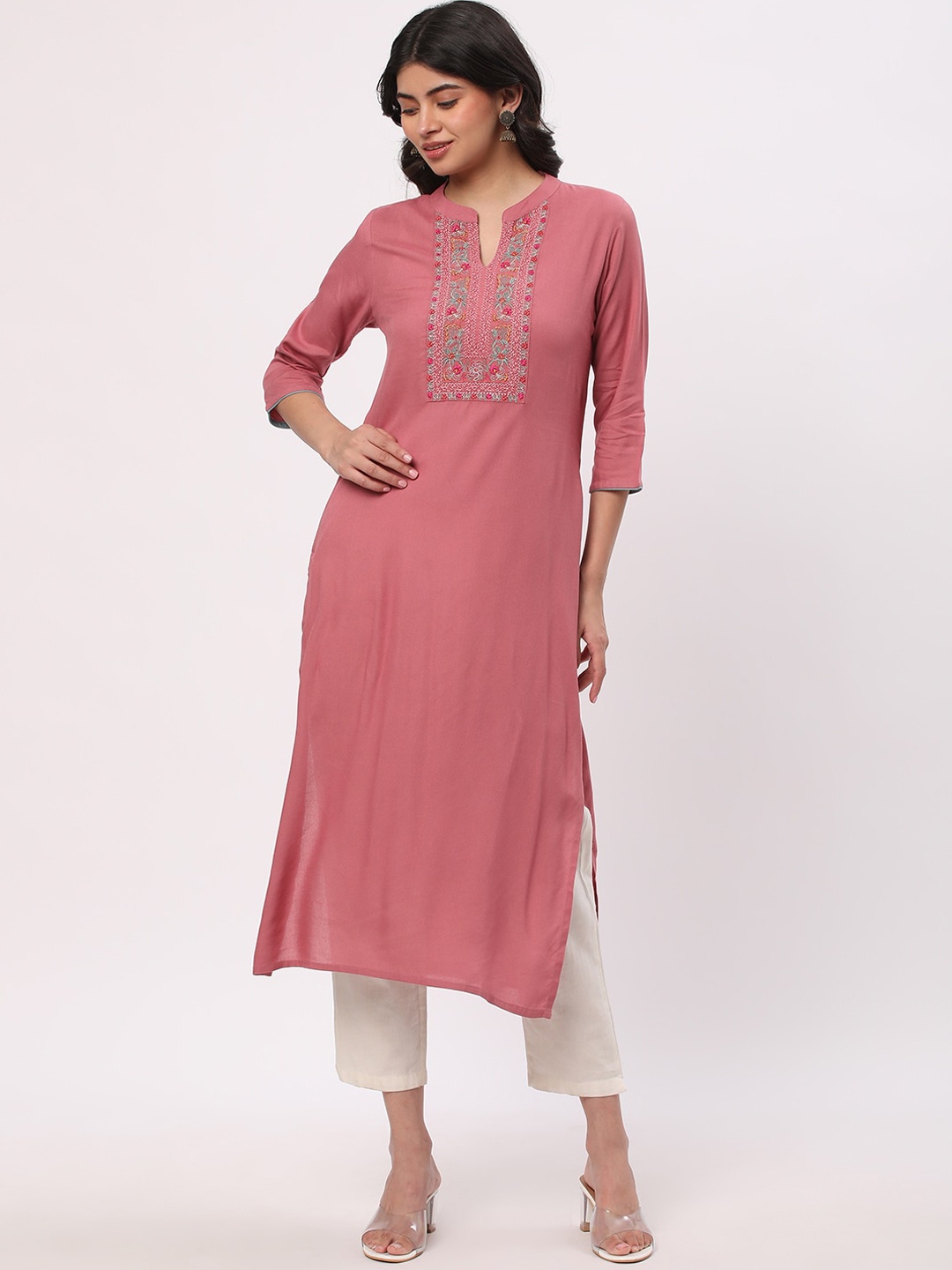 

R&B Floral Embroidered Mandarin Collar Straight Kurta, Pink