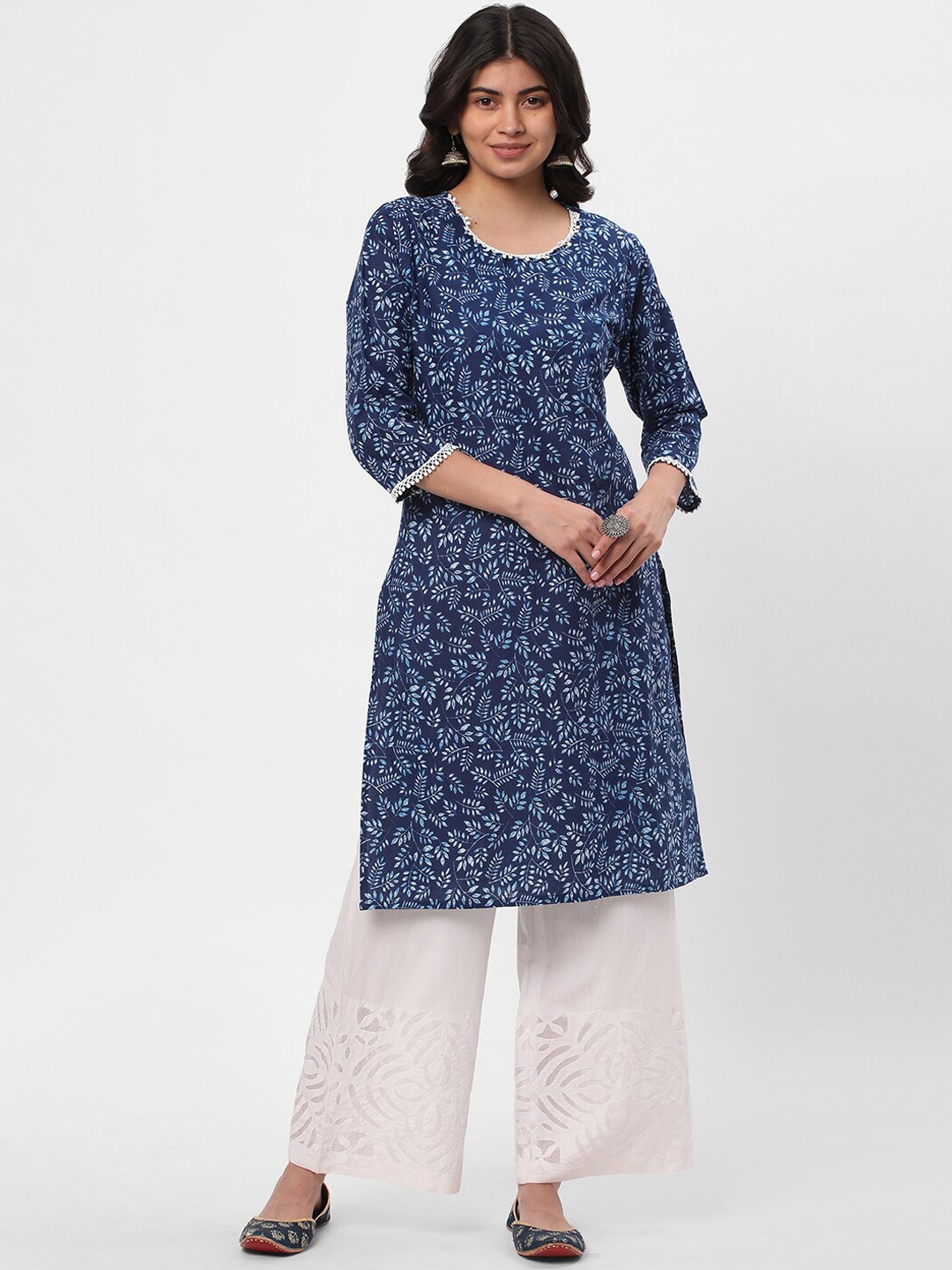 

R&B Floral Printed Round Neck Kurta, Blue