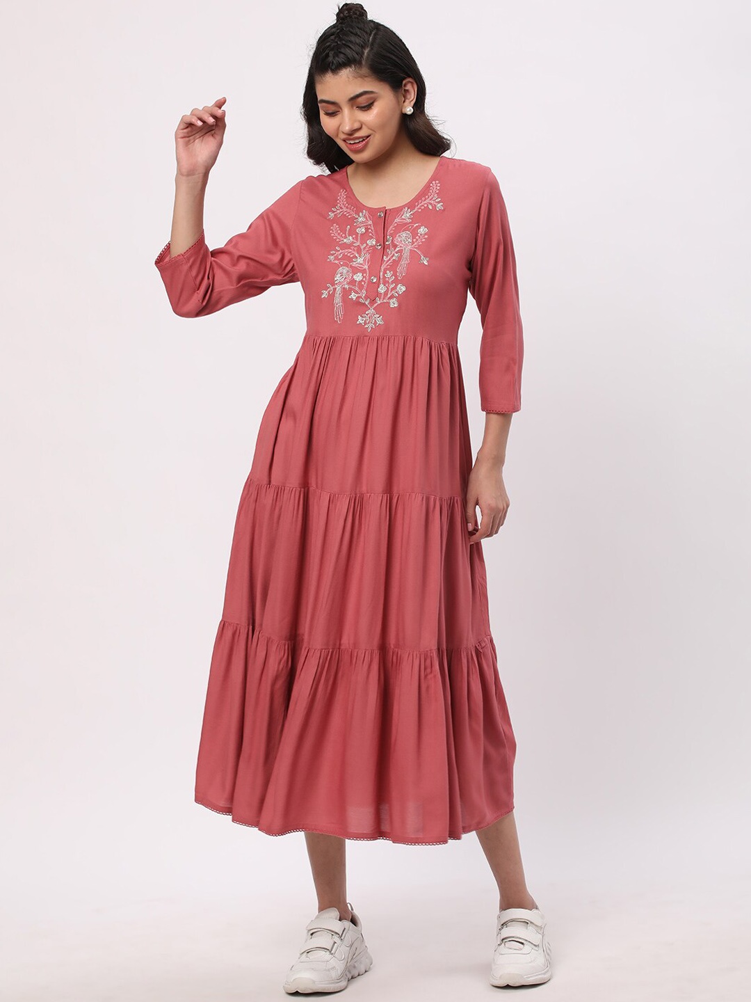 

R&B Floral Embroidered Fit & Flare Midi Dress, Pink