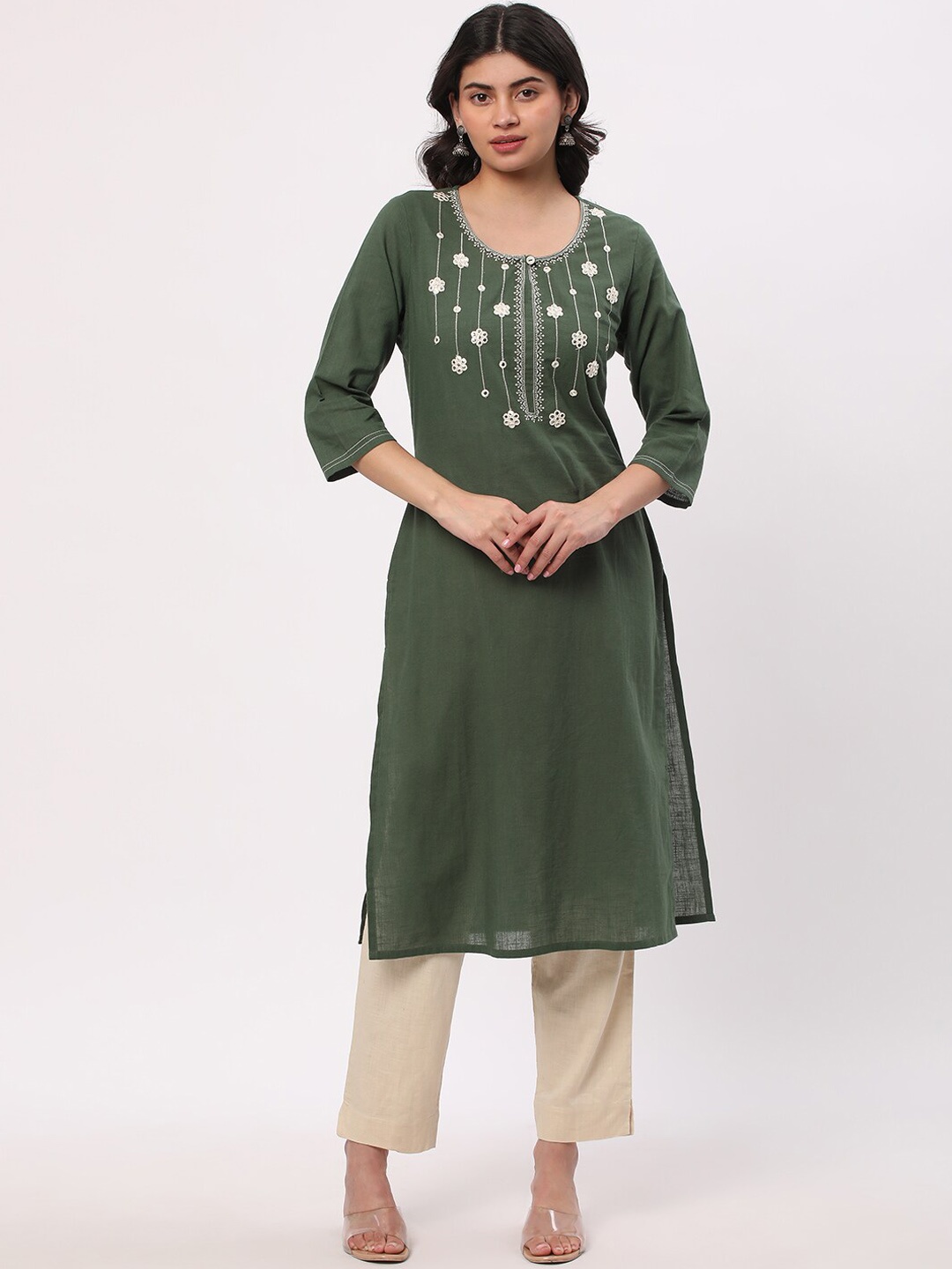 

R&B Floral Yoke Design Thread Work Cotton Kurta, Green