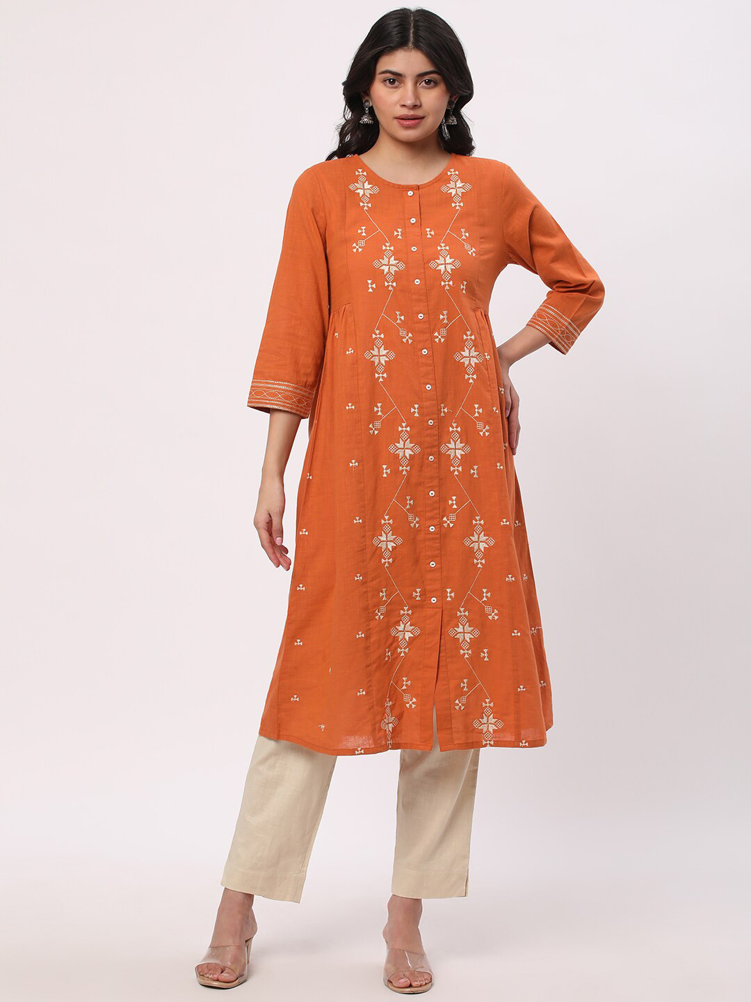 

R&B Ethnic Motifs Embroidered Round Neck Kurta, Orange