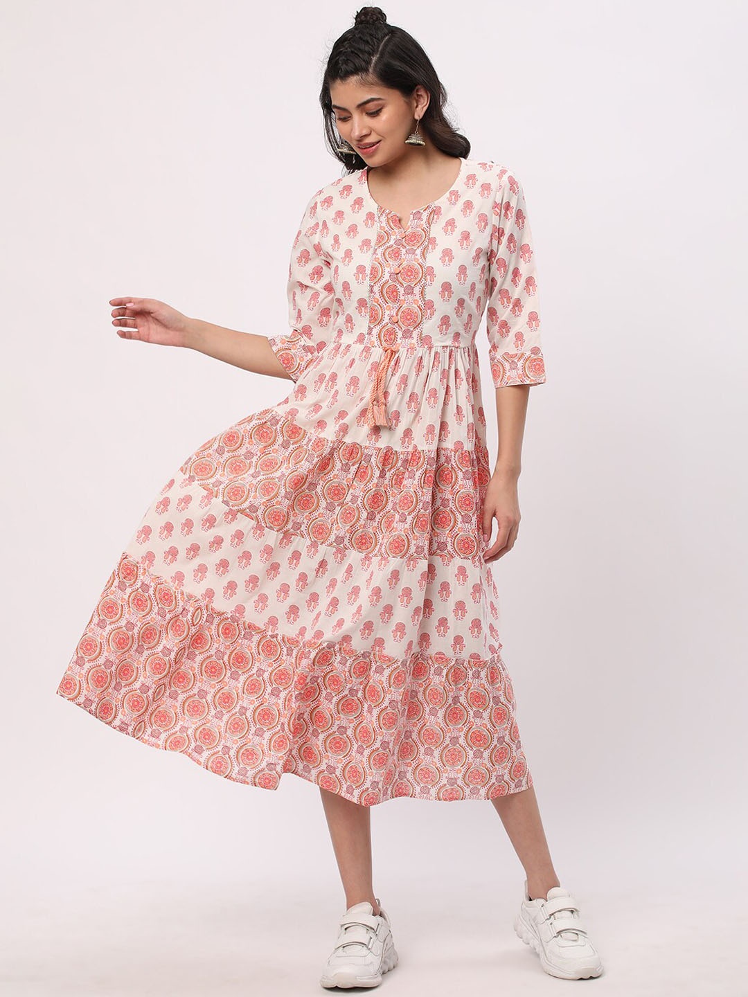 

R&B Ethnic Motifs Printed Cotton Fit & Flare Midi Dress, White