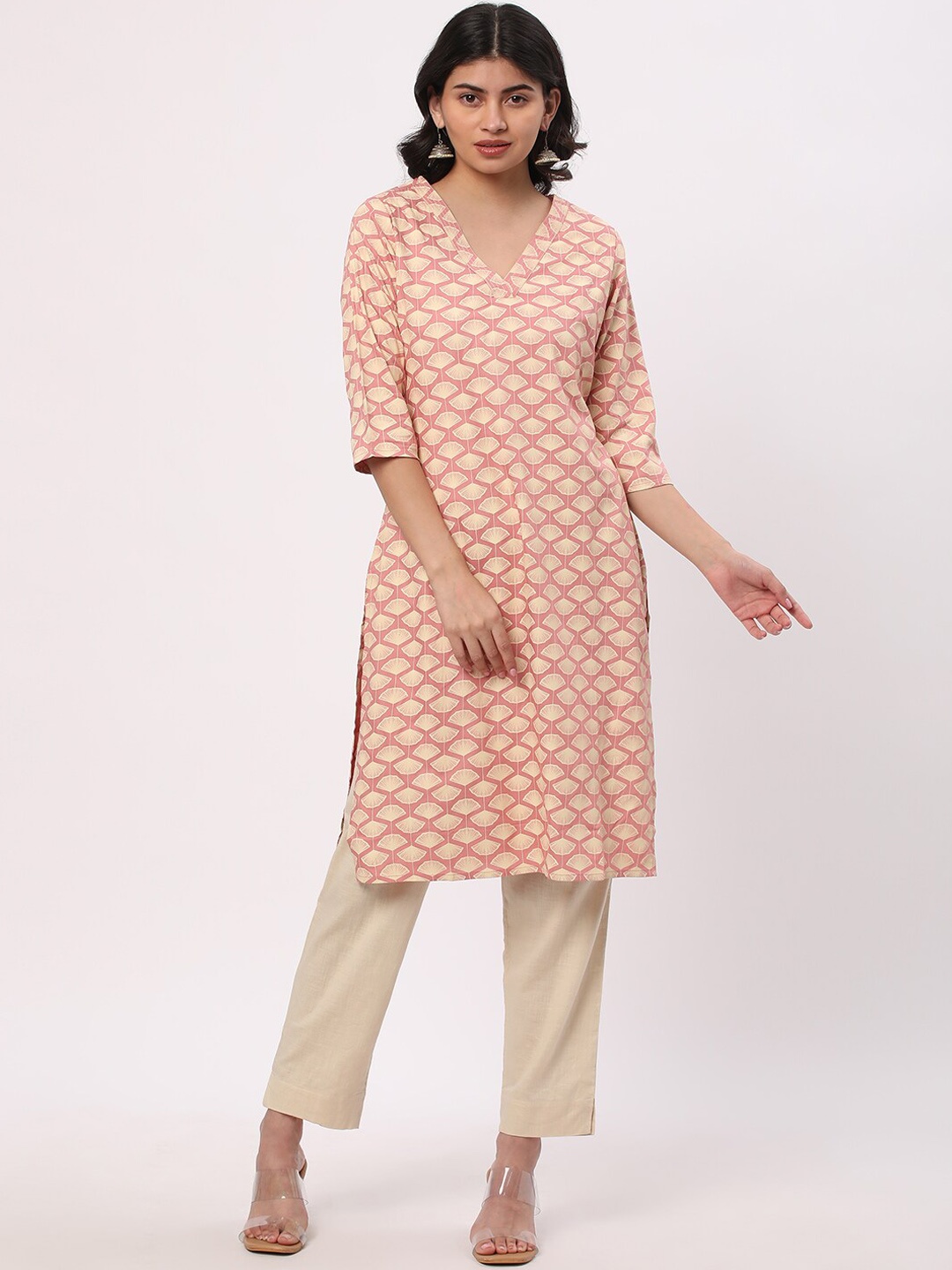 

R&B Floral Printed V-Neck Straight Kurta, Pink