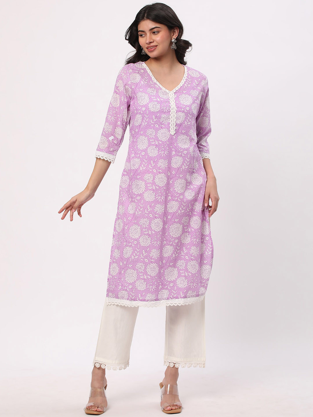 

R&B Floral Printed Straight Cotton Kurta, Purple