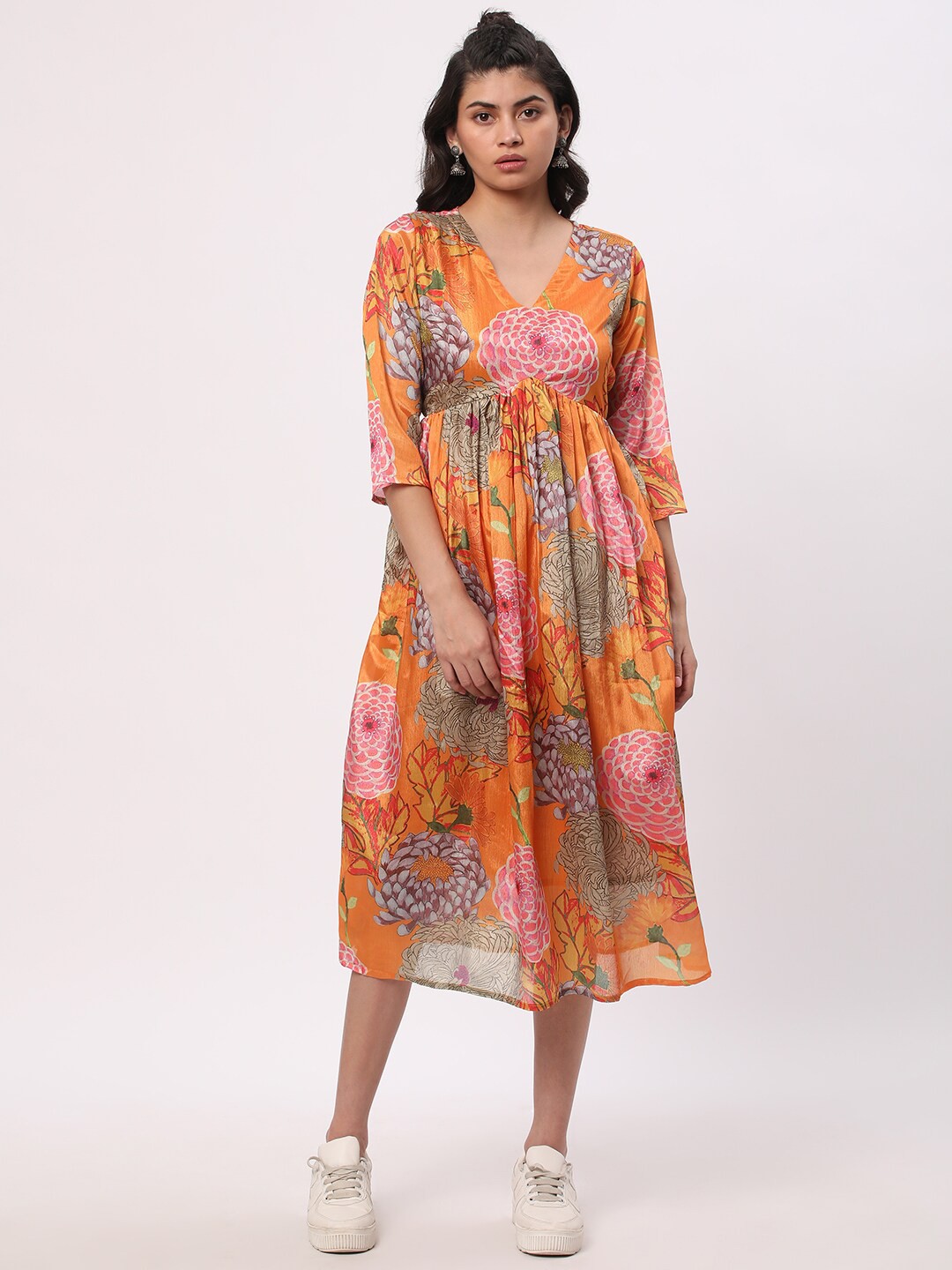 

R&B Floral Printed Fit & Flare Ethnic Dress, Yellow
