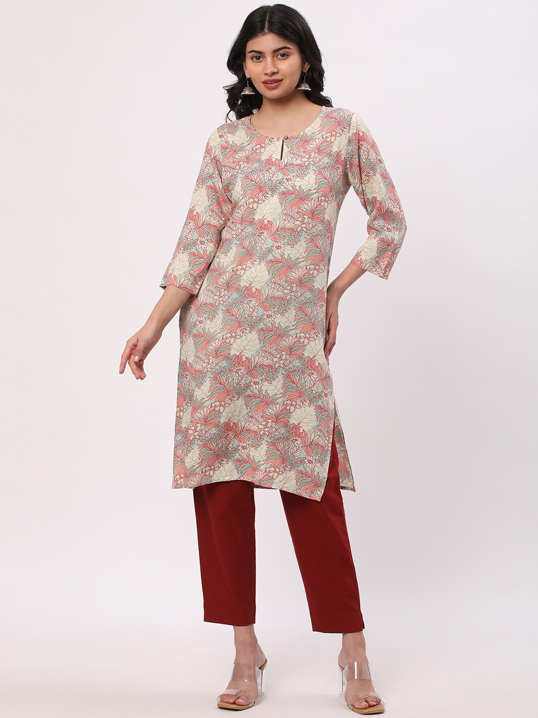 

R&B Floral Printed Keyhole Neck Three-Quarter Sleeves Straight Kurta, Green