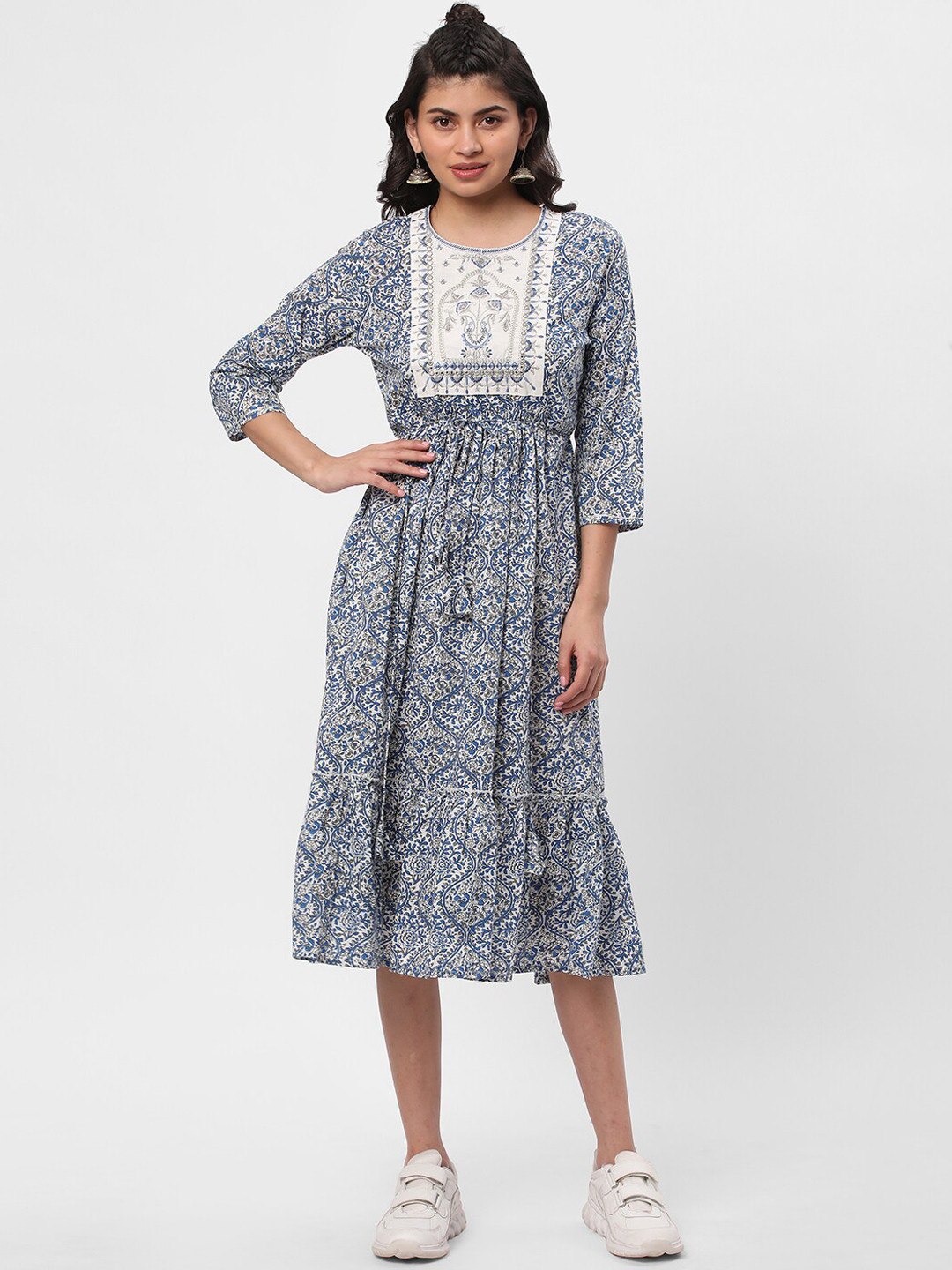 

R&B Ethnic Motif Printed Embroidered Fit & Flared Midi Ethnic Dress, Blue