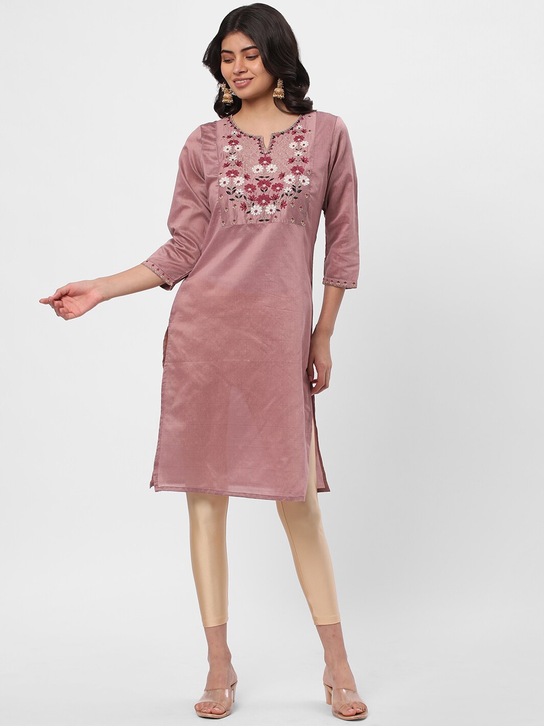 

R&B Floral Embroidered Round Neck Kurta, Pink