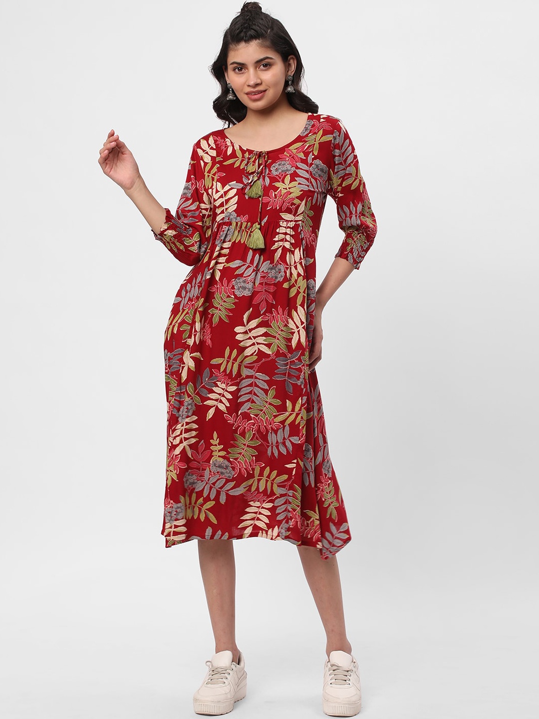 

R&B Floral Printed Round Neck Cotton A-Line Midi Dress, Red