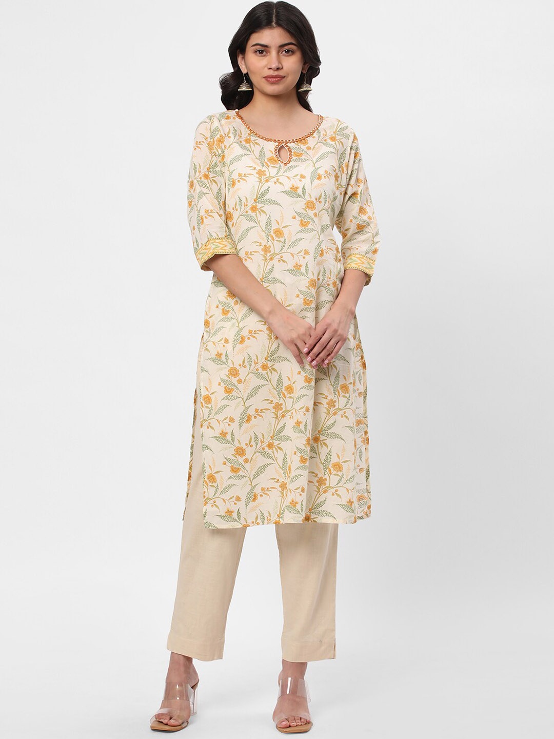 

R&B Floral Printed Keyhole Neck Cotton Kurta, Yellow