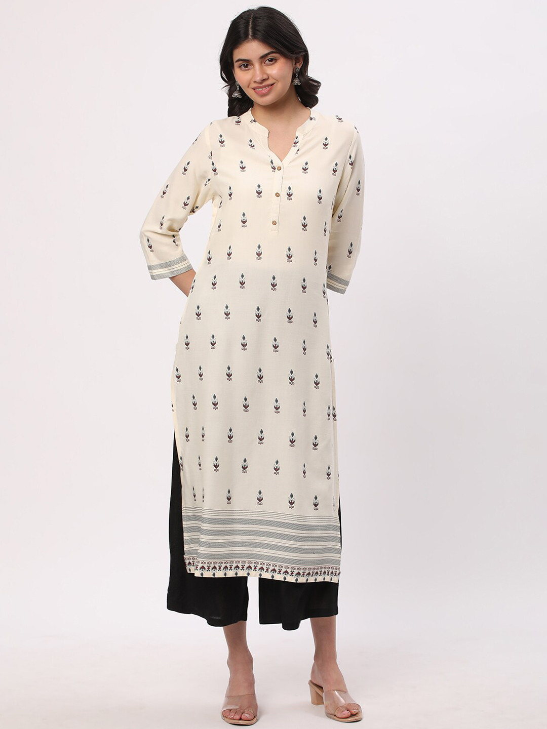 

R&B Ethnic Motifs Printed Band Collar Kurta, Off white