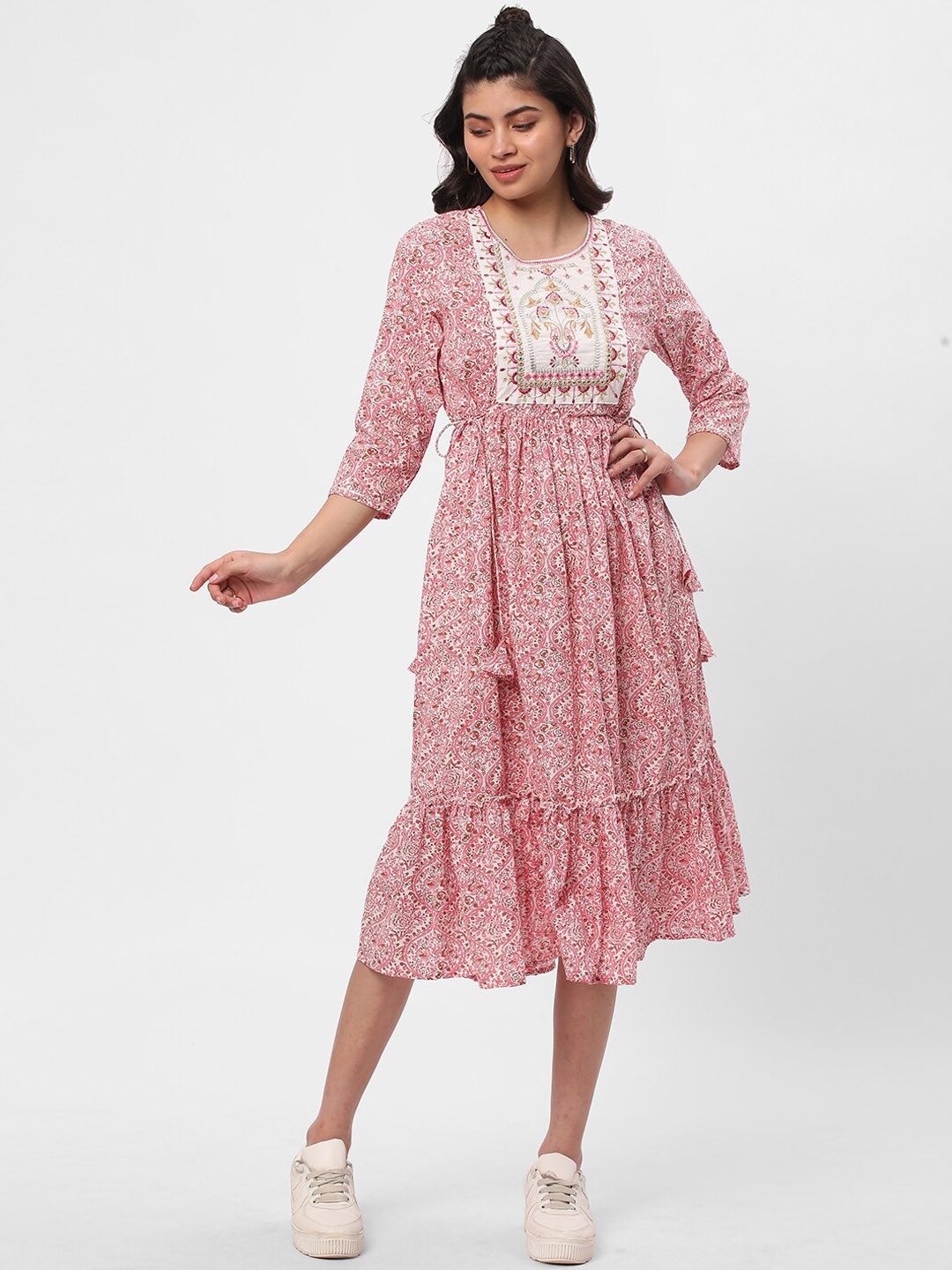 

R&B Floral Printed Mirror Work A-Line Ethnic Dress, Pink