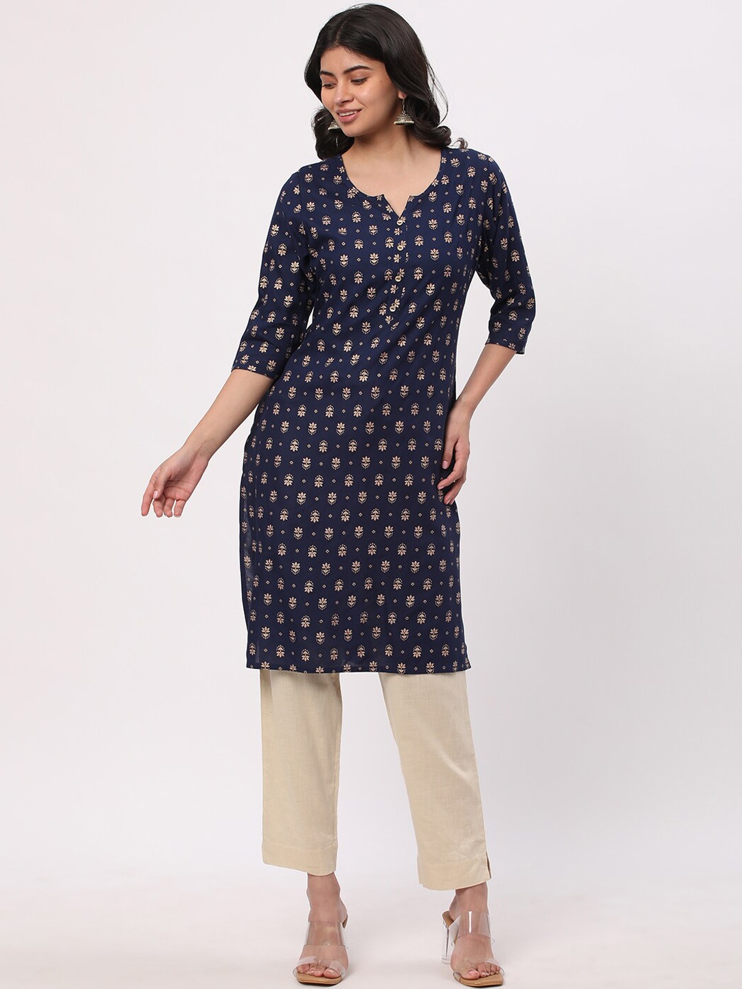 

R&B Ethnic Motifs Printed Straight Kurta, Navy blue