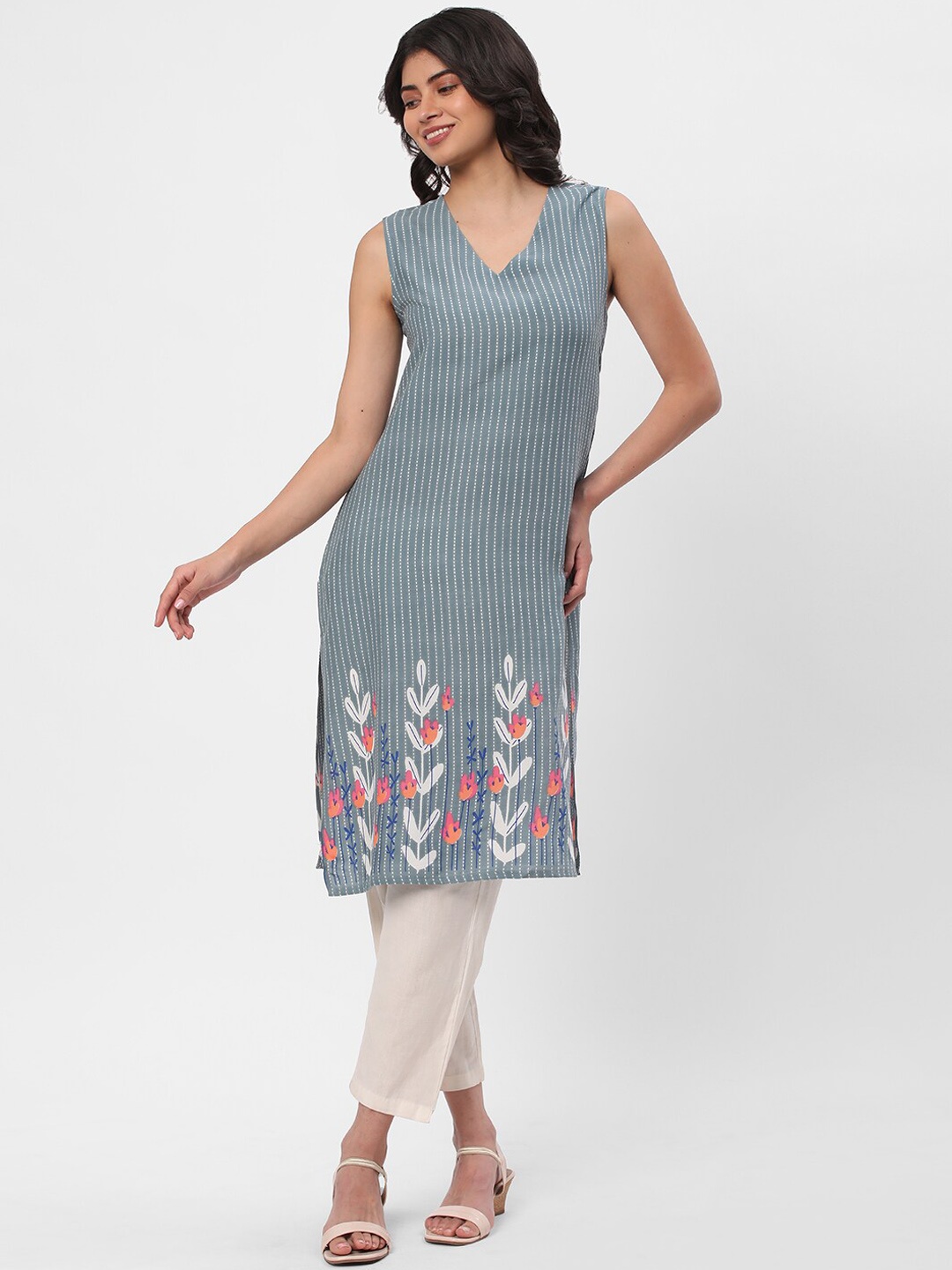 

R&B Striped Straight Kurta, Grey