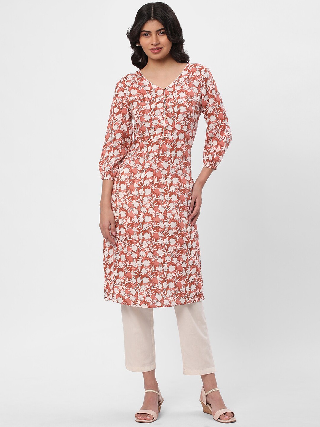 

R&B Floral Printed V-Neck Straight Kurta, Pink