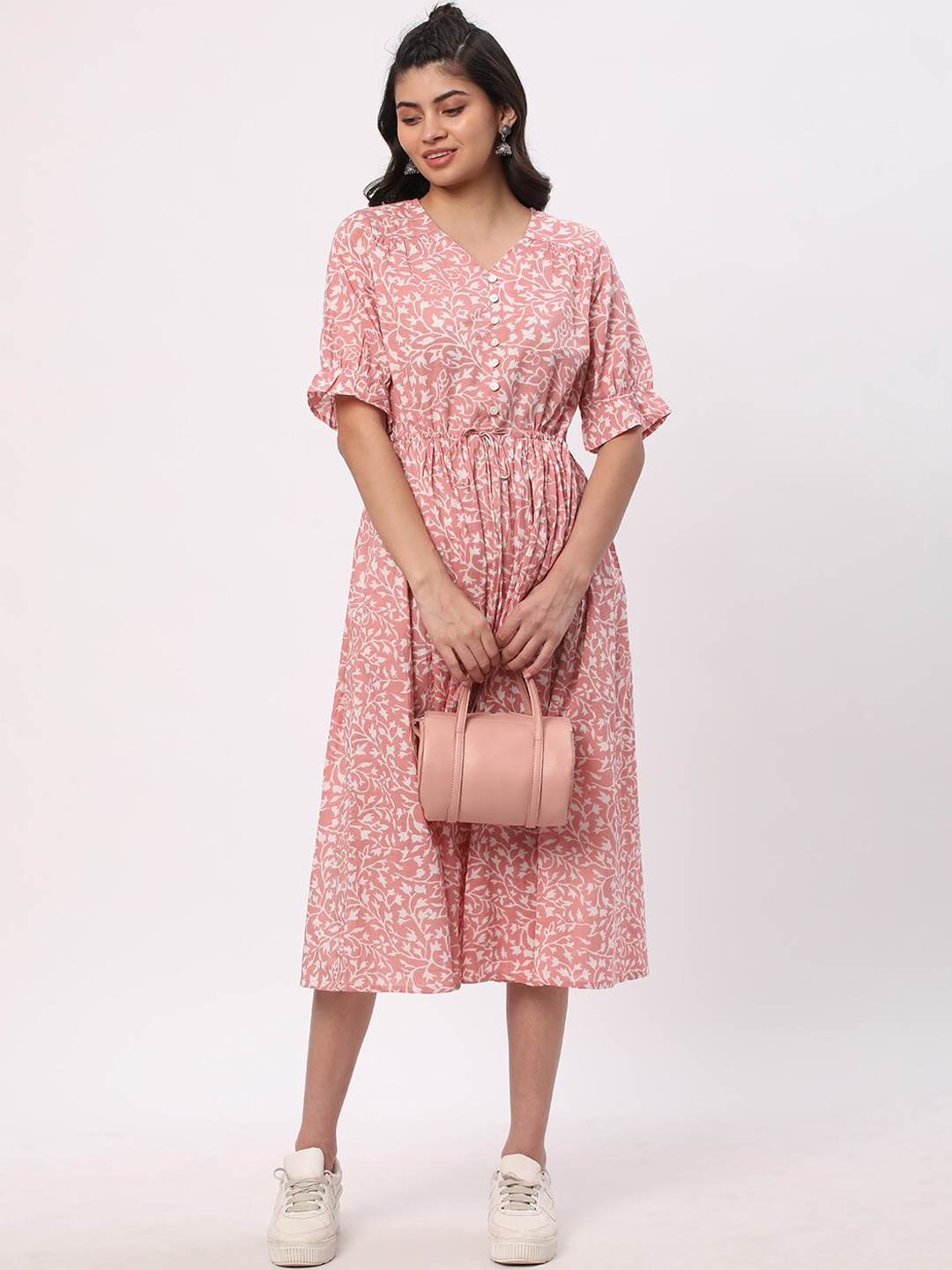 

R&B Floral Printed V-Neck A-Line Midi Dress, Pink