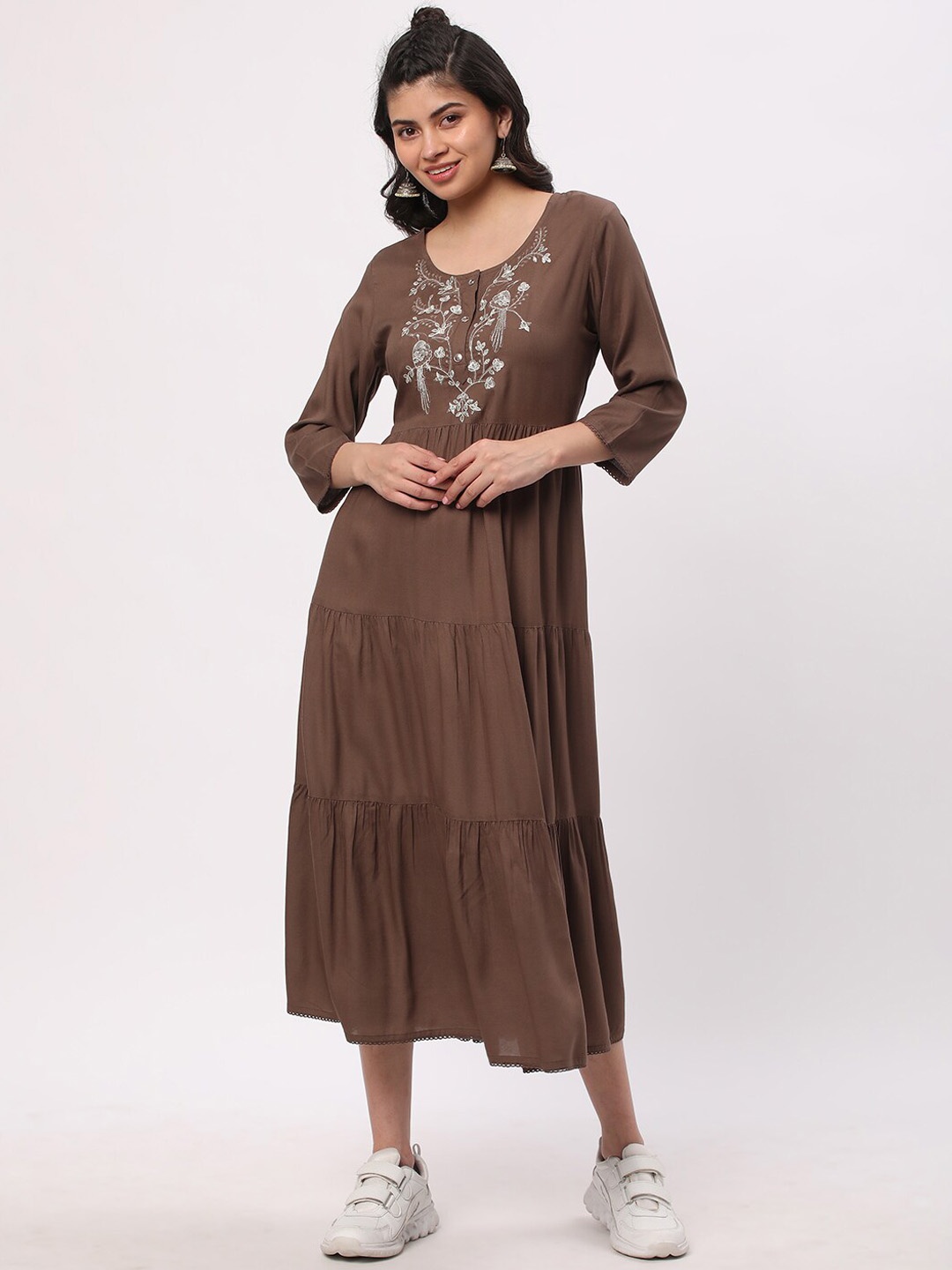 R&B Floral Embroidered Round Neck Fit & Flare Midi Dress, Brown