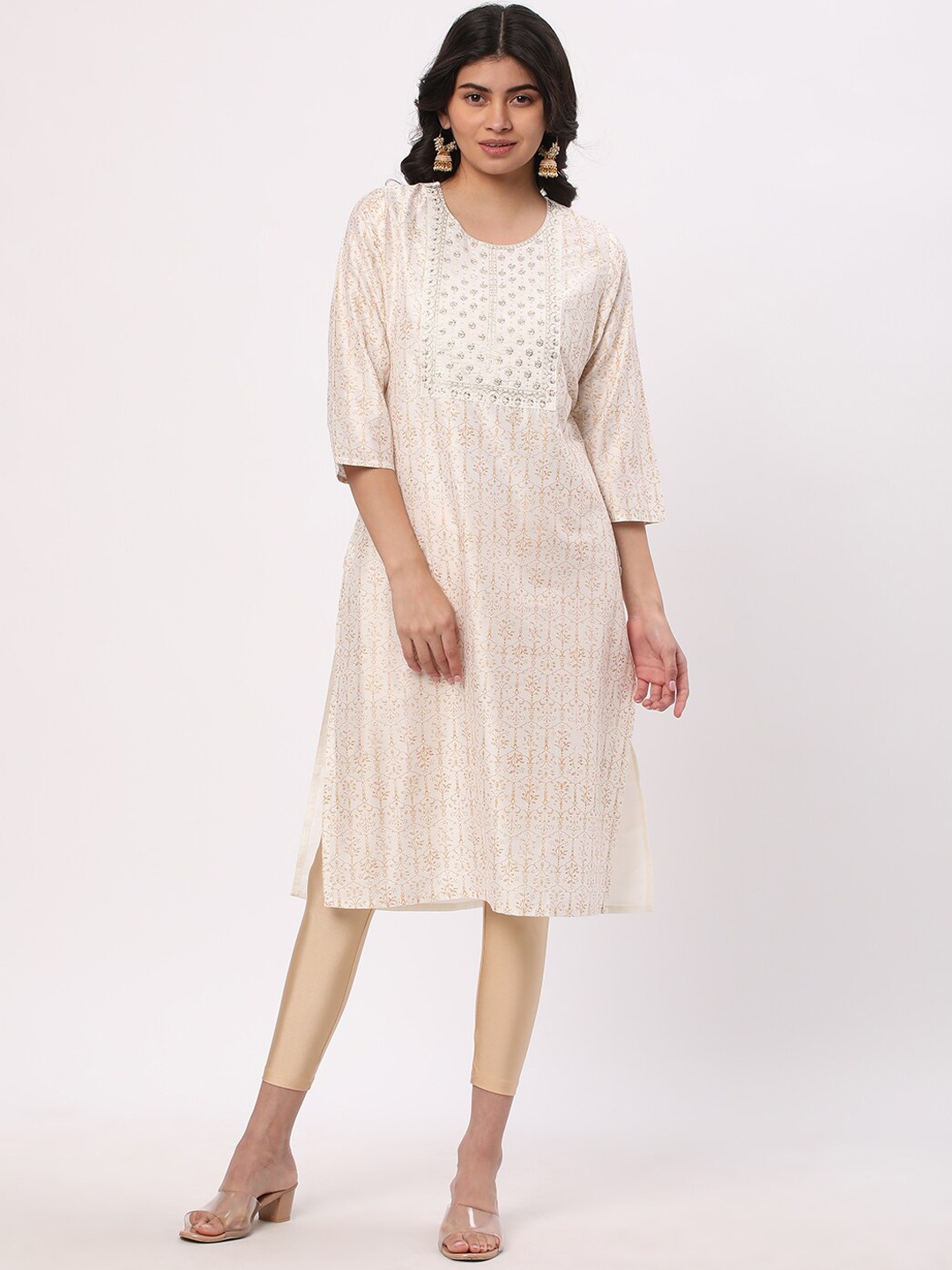 

R&B Ethnic Motifs Printed Sequinned Detailed Straight Kurta, White