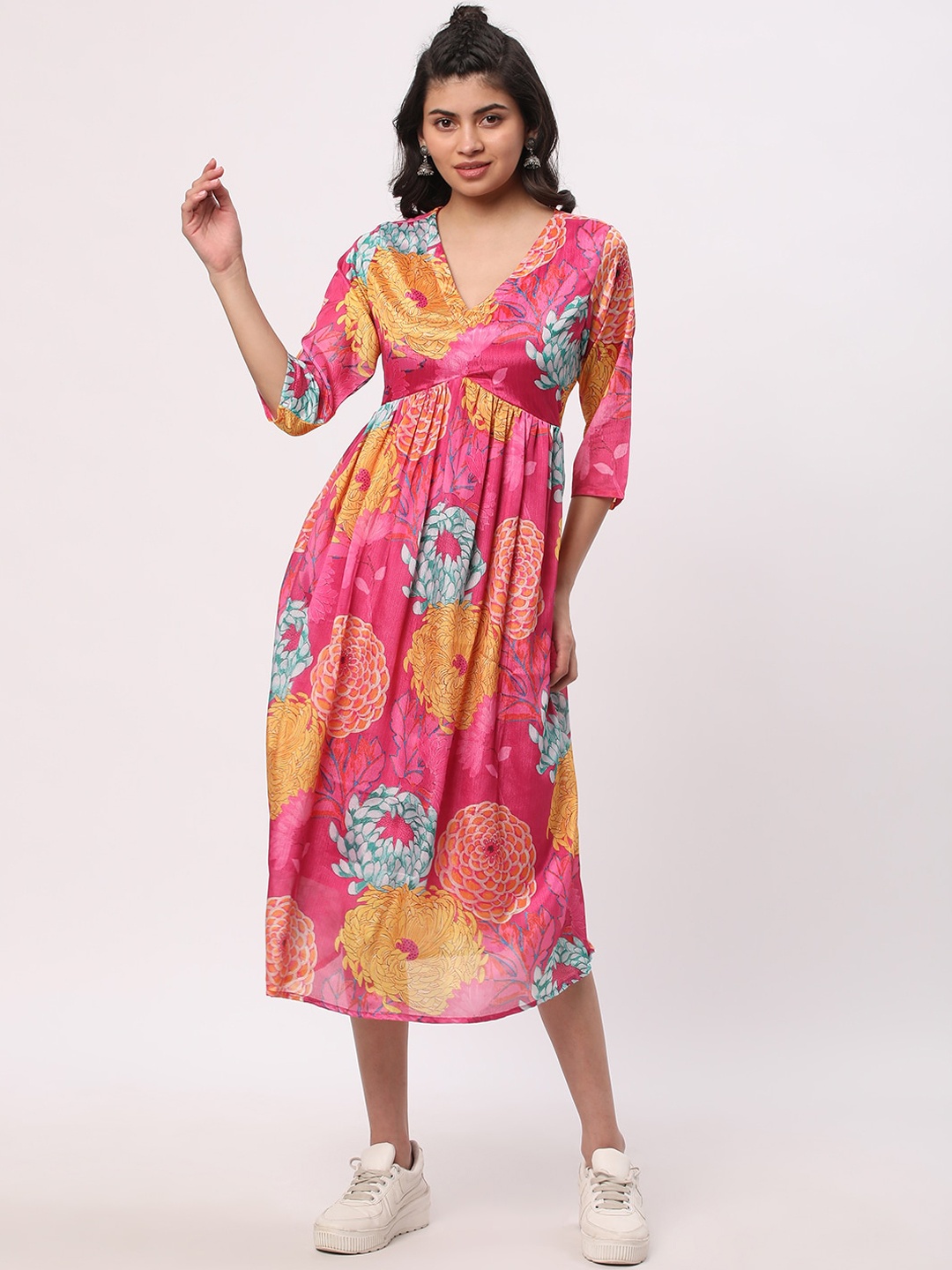 

R&B Floral Printed V-Neck Empire Dress, Pink