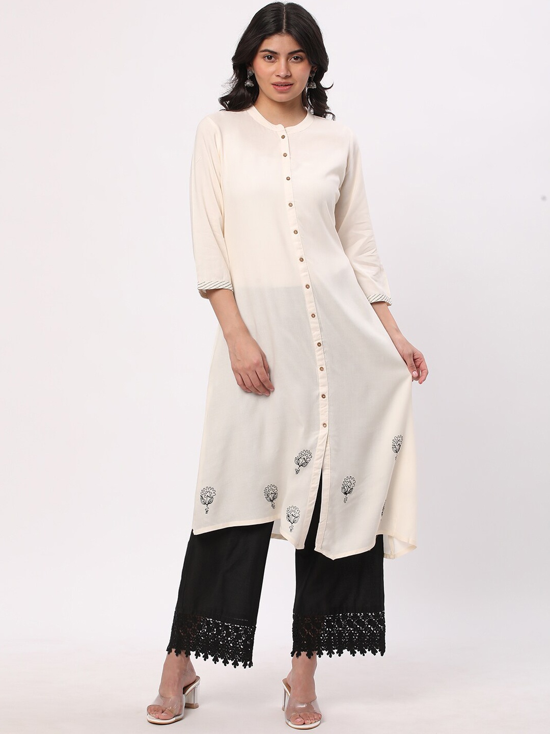 

R&B Mandarin Collar Thread Work Cotton A-Line Kurta, White