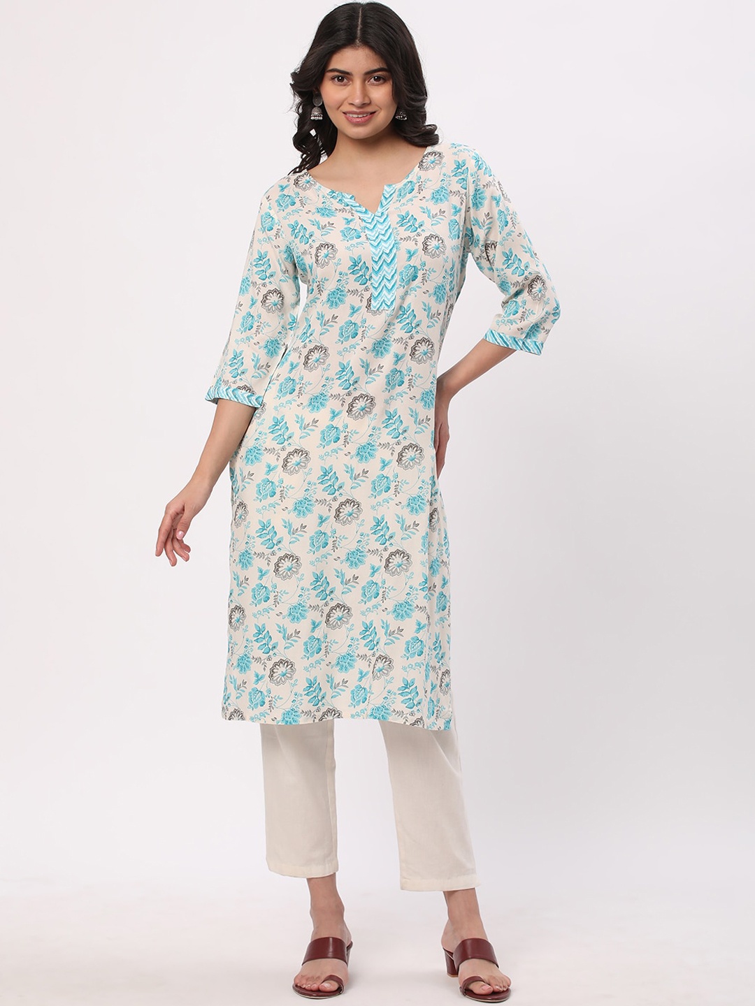 

R&B Floral Printed Round Neck Straight Cotton Kurta, Blue