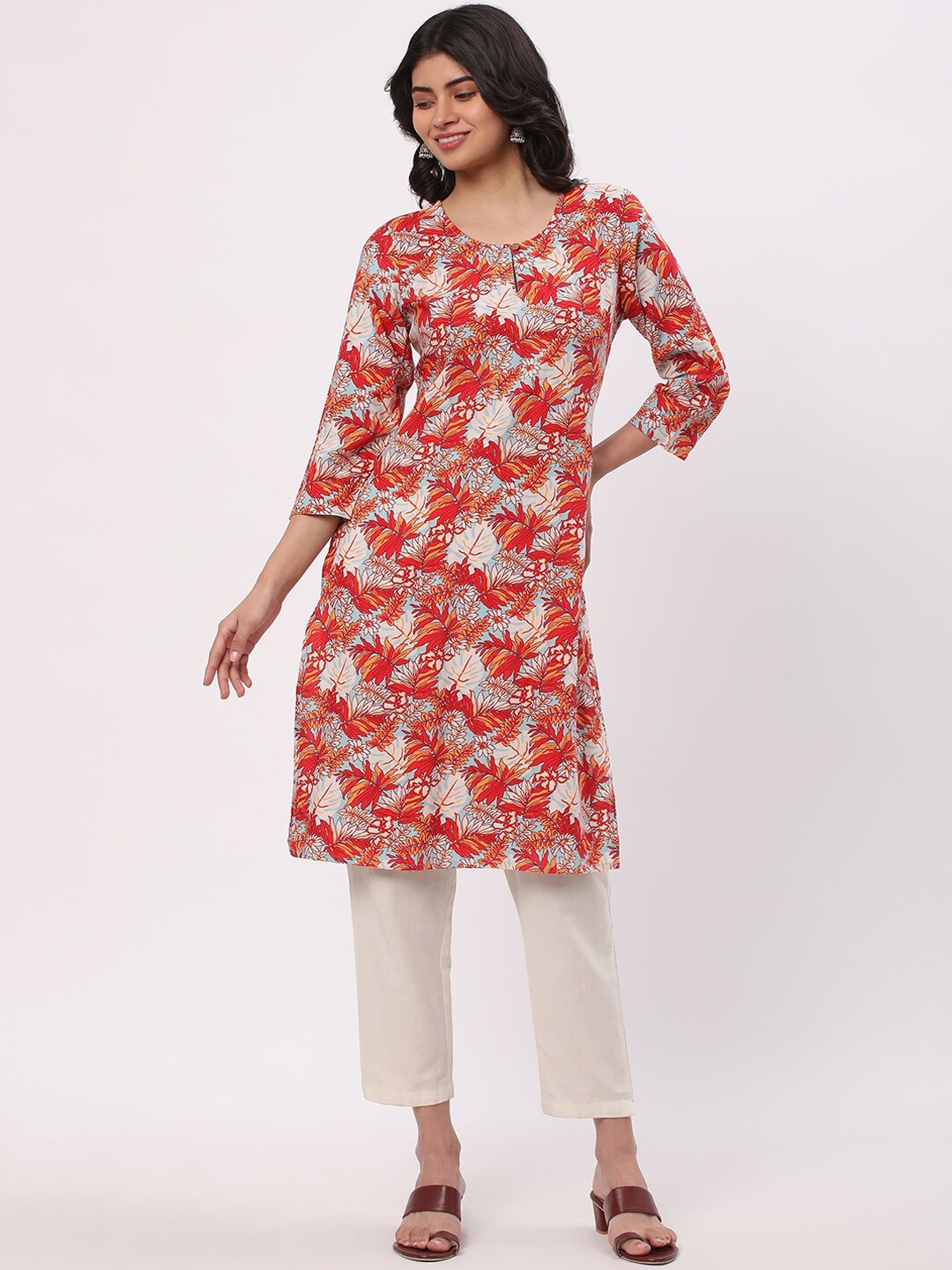 R&B Floral Printed Keyhole Neck Kurta, Red