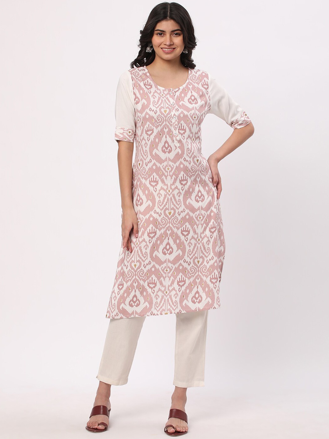 

R&B Ethnic Motifs Printed Round Neck Kurta, Off white