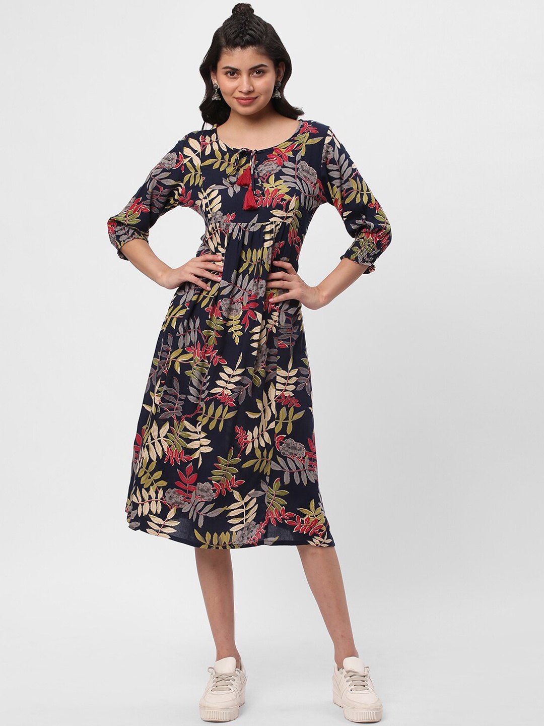 

R&B Floral Printed Tie-Up Neck Puff Sleeve Cotton A-Line Midi Dress, Navy blue
