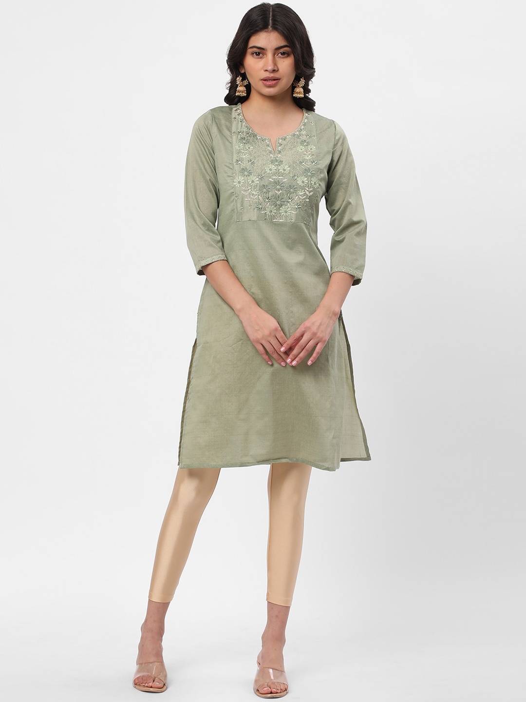 

R&B Ethnic Motifs Yoke Design Thread Work Detailed Straight Kurta, Green