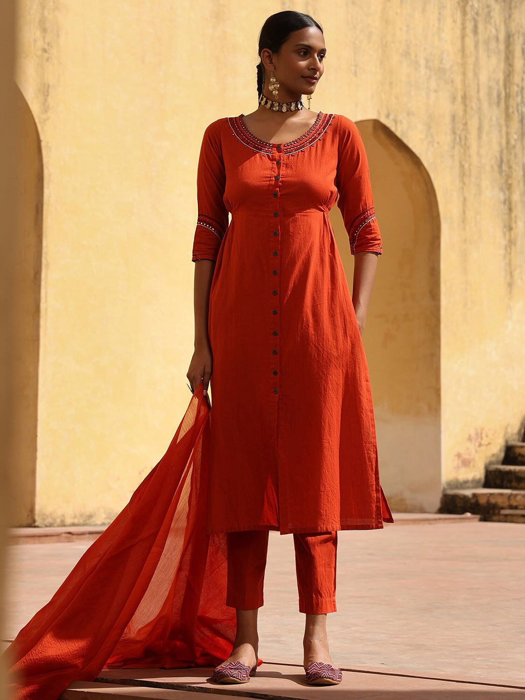 

OKHAI Women Ethnic Motifs Embroidered Regular Mirror Work Pure Cotton Kurta with Trousers & With Dupatta, Rust