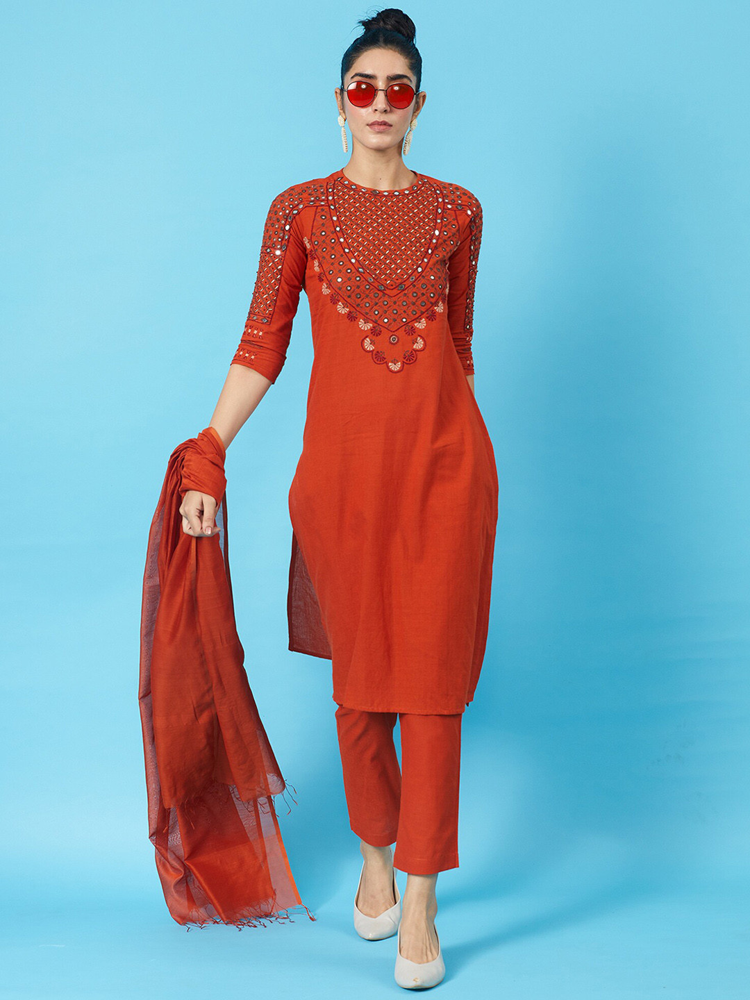 

OKHAI Women Ethnic Motifs Embroidered Regular Mirror Work Pure Cotton Kurta with Trousers & With Dupatta, Rust