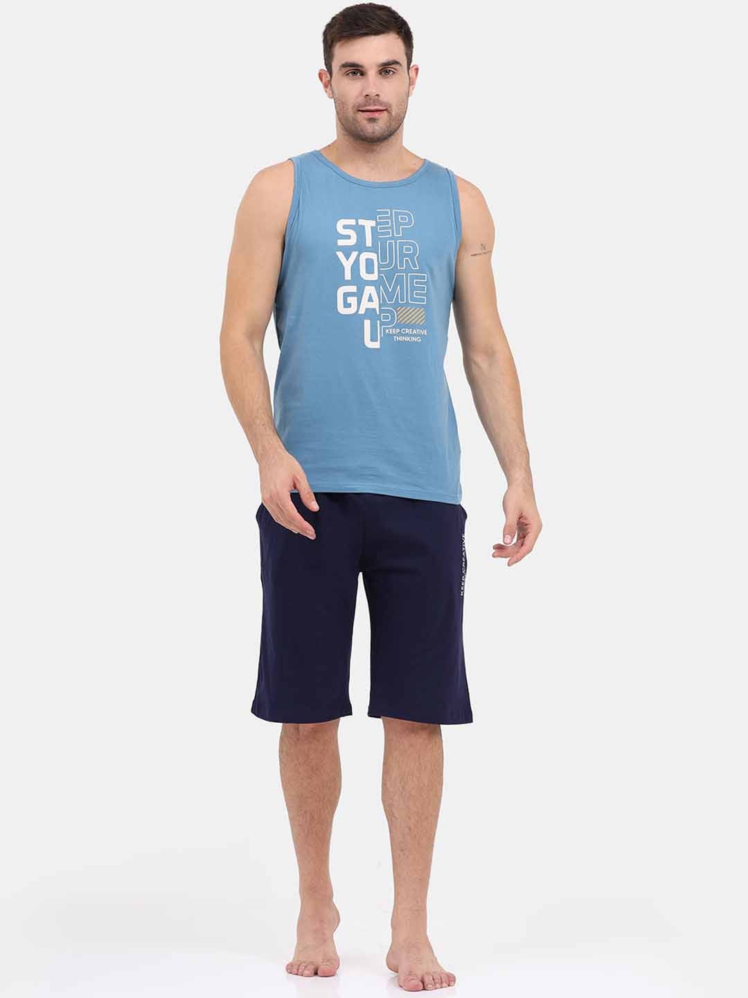 

Masculino Latino Typography Printed Sleeveless Pure Cotton Night suit, Navy blue