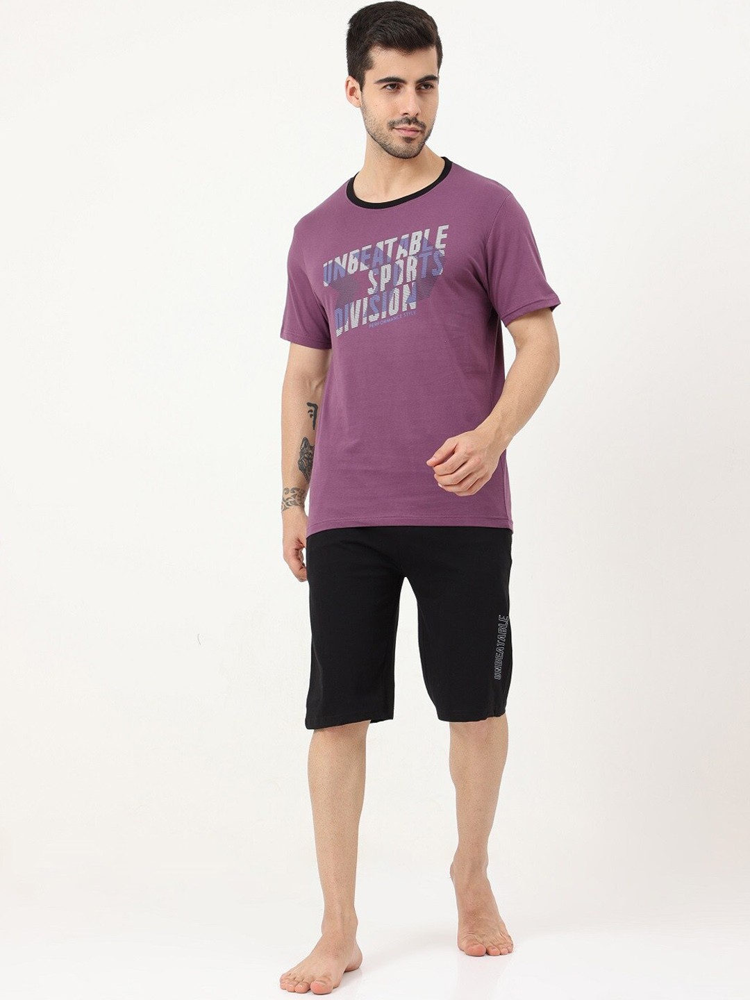 

Masculino Latino Typography Printed Pure Cotton T-shirt With Shorts, Purple