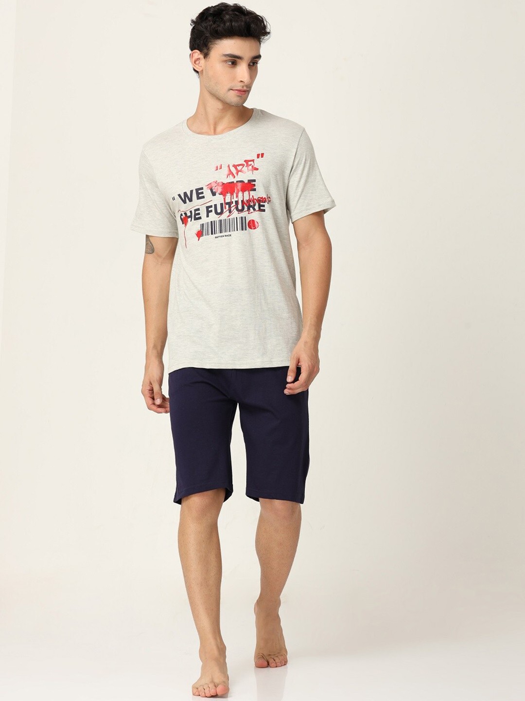 

Masculino Latino Typography Printed Pure Cotton T-shirt With Shorts, Off white