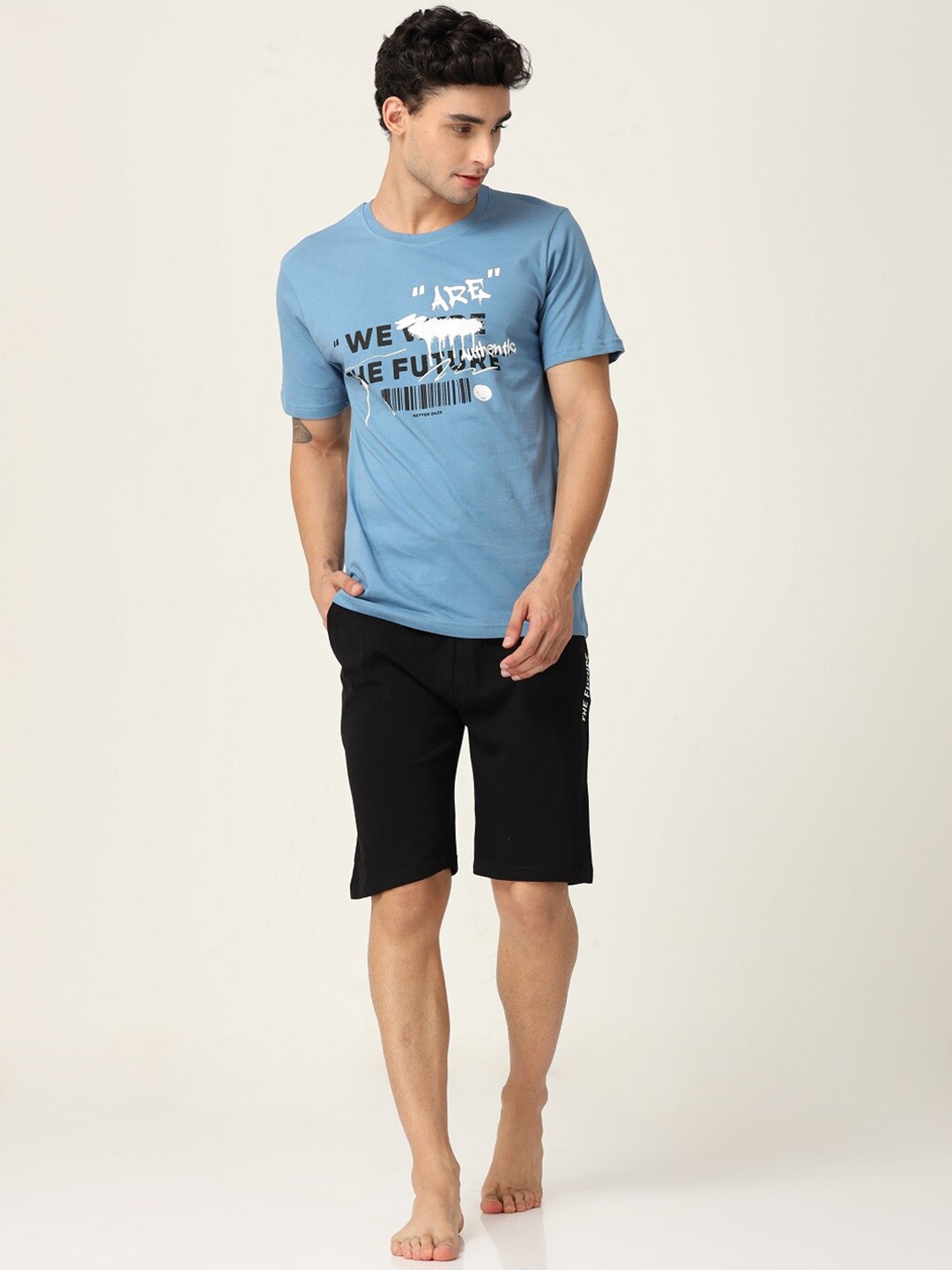 

Masculino Latino Typography Printed Pure Cotton T-shirt With Shorts, Blue
