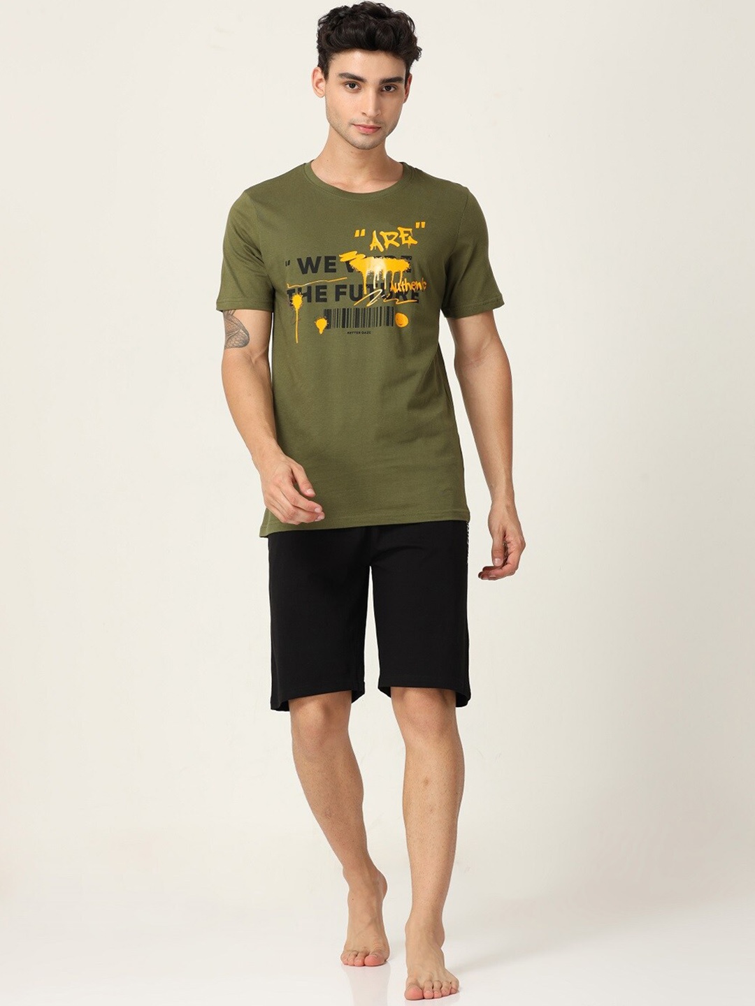 

Masculino Latino Typography Printed Pure Cotton T-shirt With Shorts, Olive