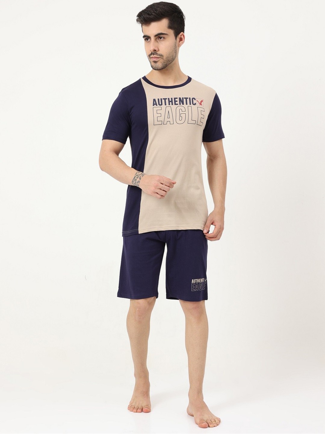 

Masculino Latino Typography Printed Pure Cotton Night suit, Beige