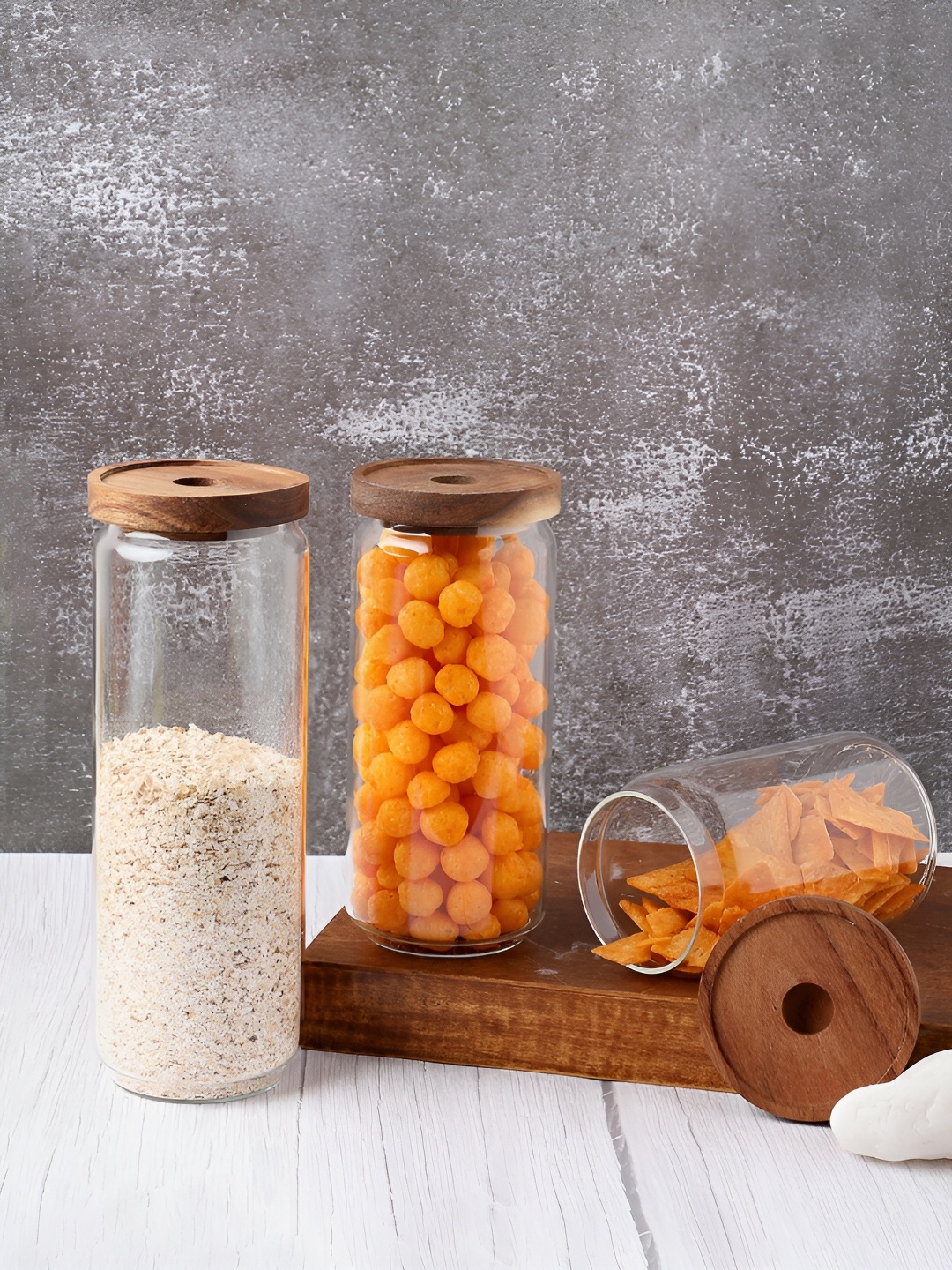

Bonhomie Transparent & Brown 3 Pieces Glass Dishwasher Safe Food Containers