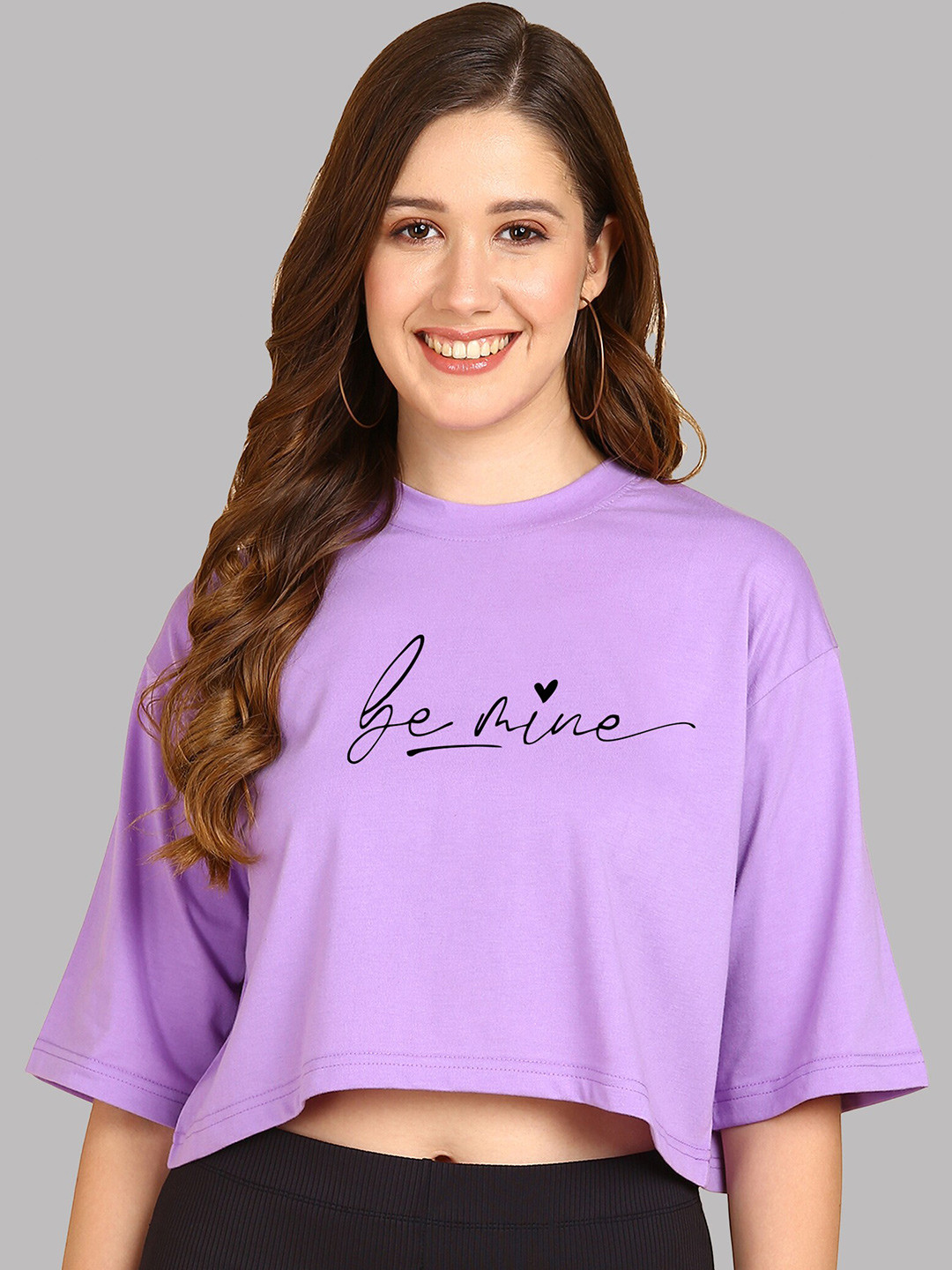 

Adyavastram Typography Printed Drop-Shoulder Sleeves Cotton Oversized Crop T-shirt, Lavender