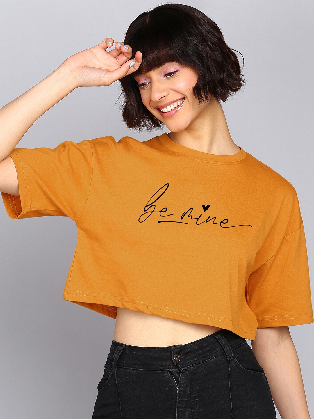 

Adyavastram Typography Printed Drop-Shoulder Sleeves Cotton Oversized Crop T-shirt, Yellow