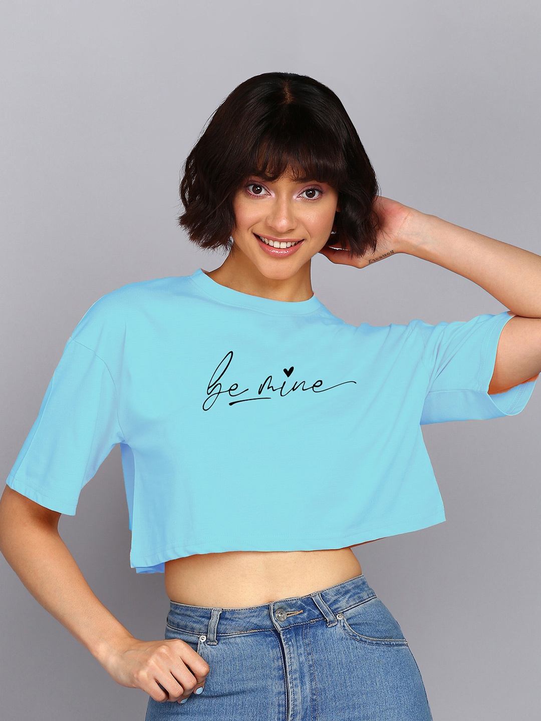 

Adyavastram Typography Printed Drop-Shoulder Sleeves Cotton Oversized Crop T-shirt, Blue