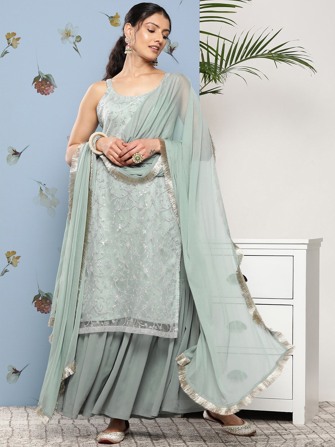 

KALINI Floral Embroidered Regular Sequinned Kurta with Sharara & Dupatta, Sea green